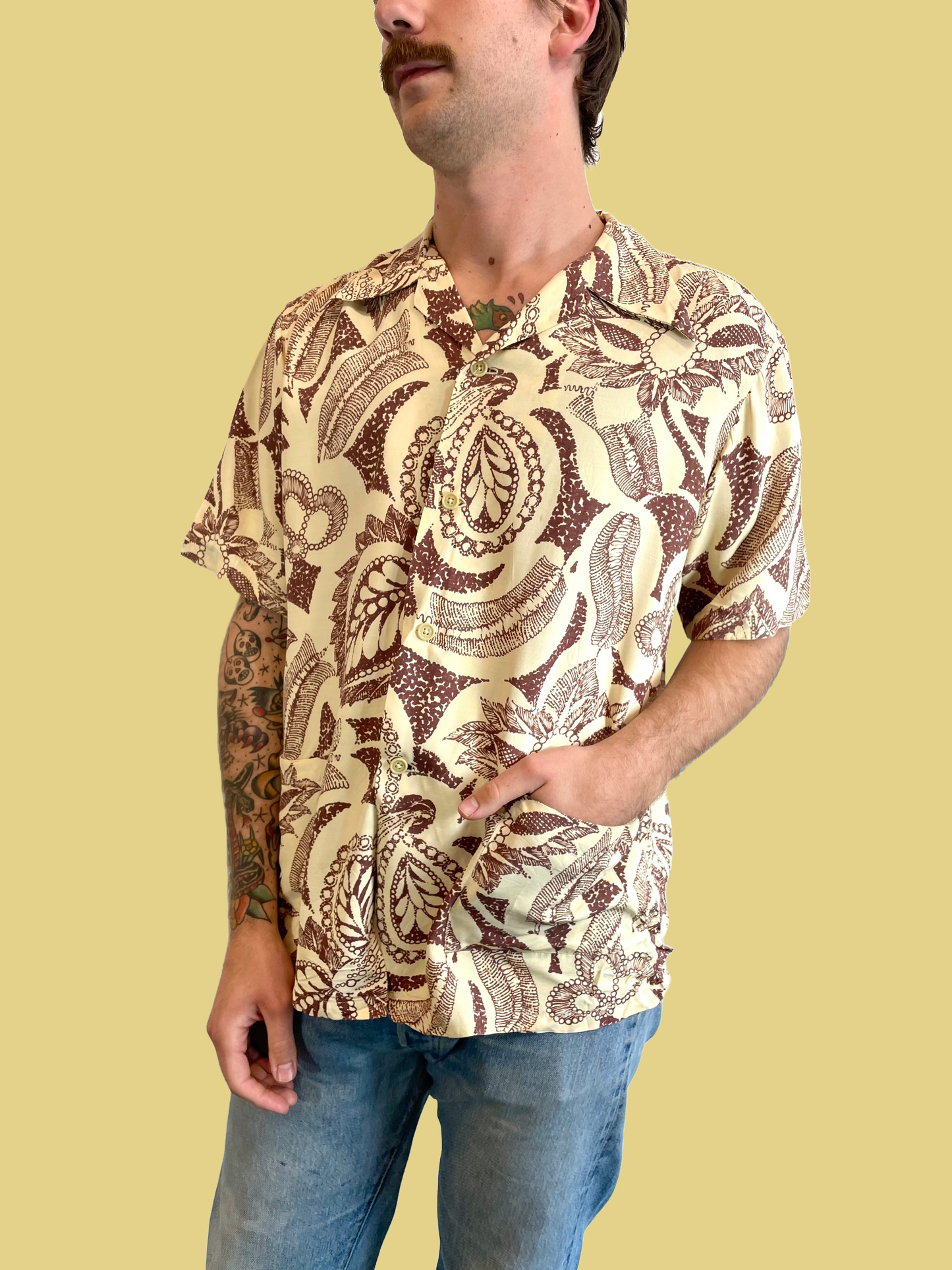 1940s XL Cream Frond Print Rayon Cabana Shirt