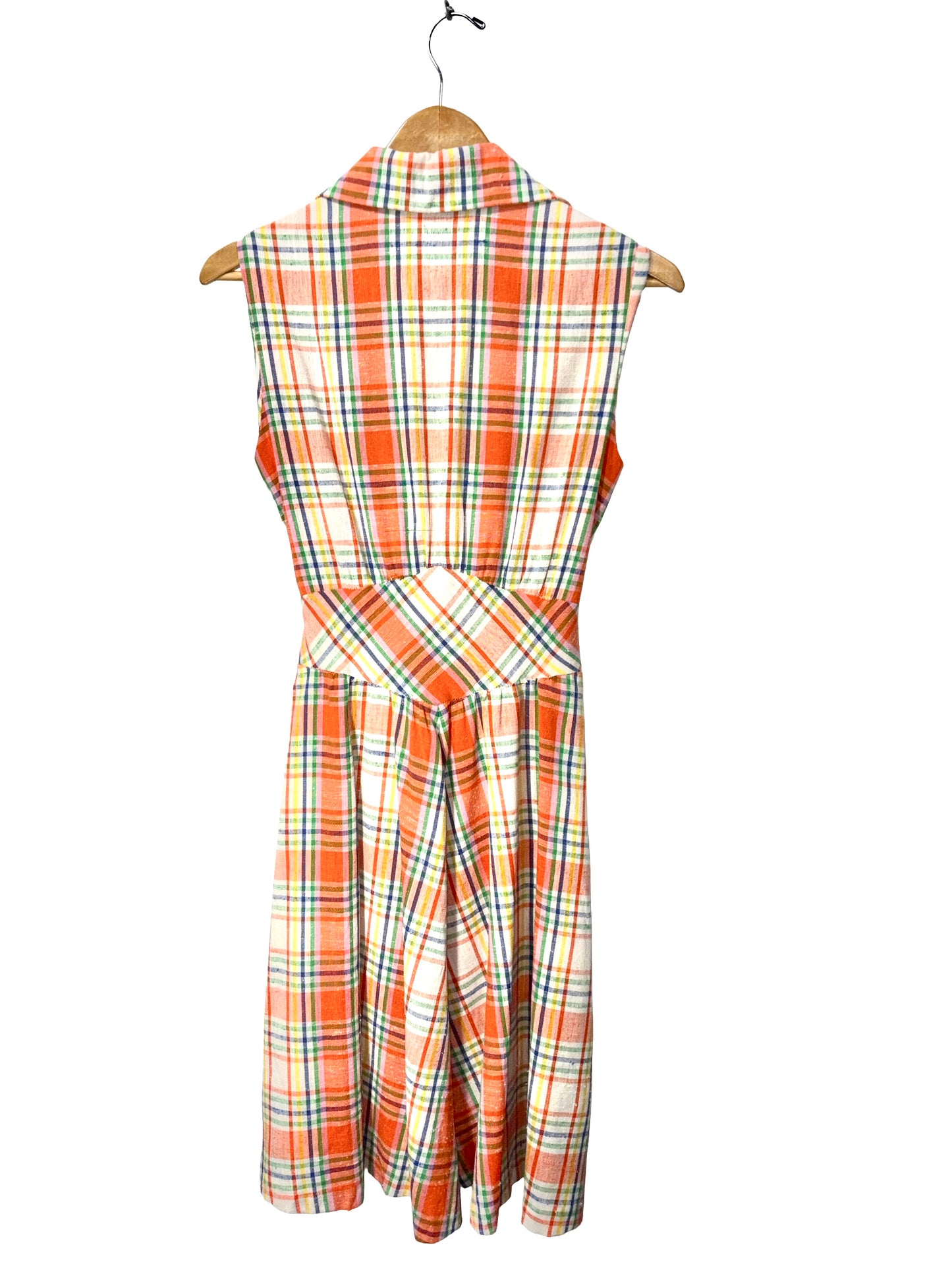 1970s Orange Plaid Saba Sleeveless Fit and Flare Dress
