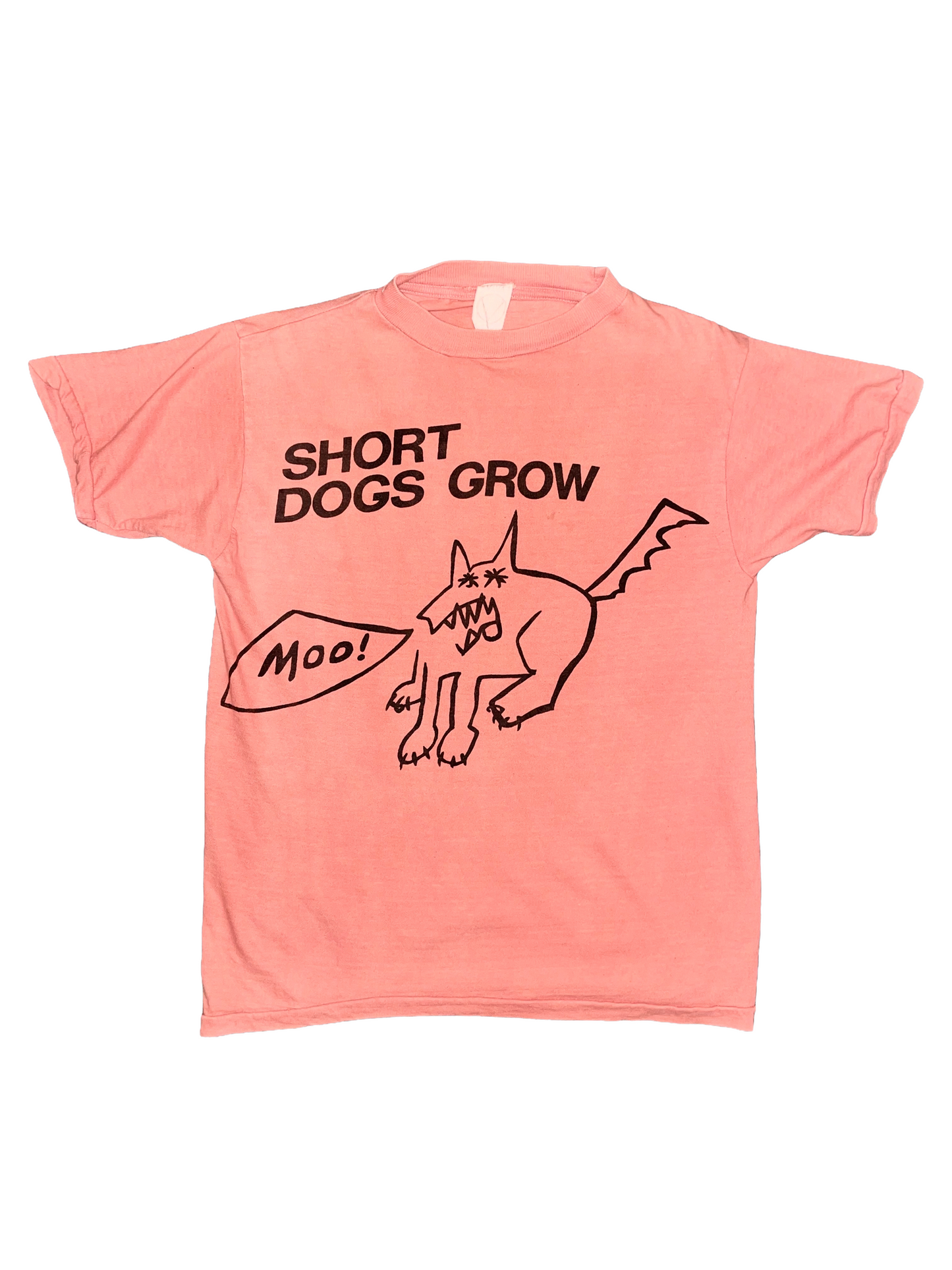 Coral t-shirt with black text and Short Dogs Grow graphic on a white background