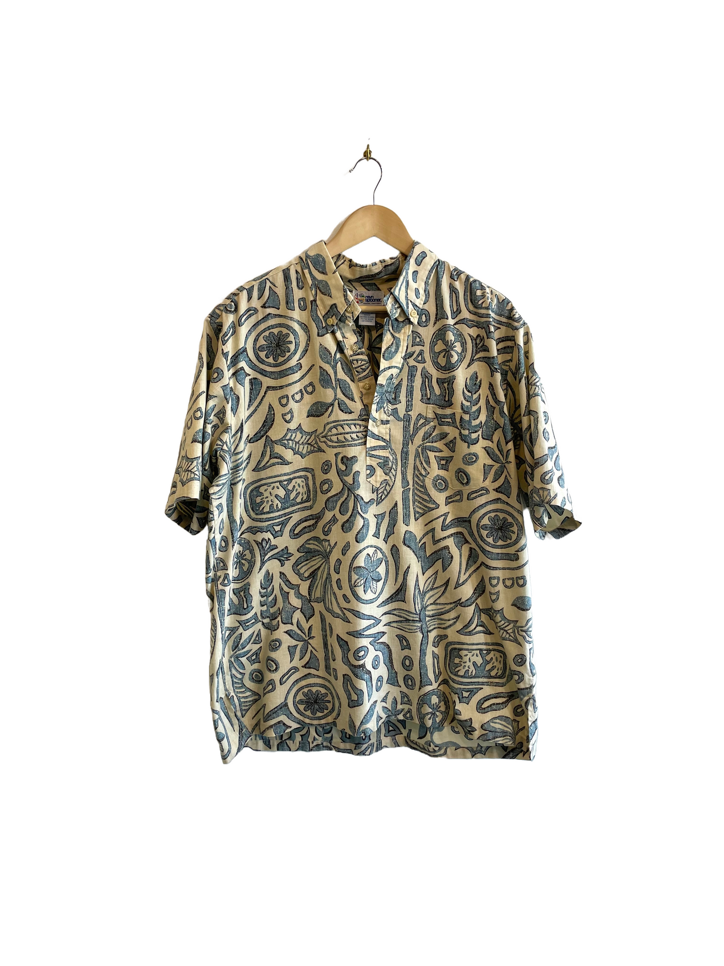 1990s Almond Cadet Blue Black Reverse Print Reyn Spooner Popover Hawaiian Shirt