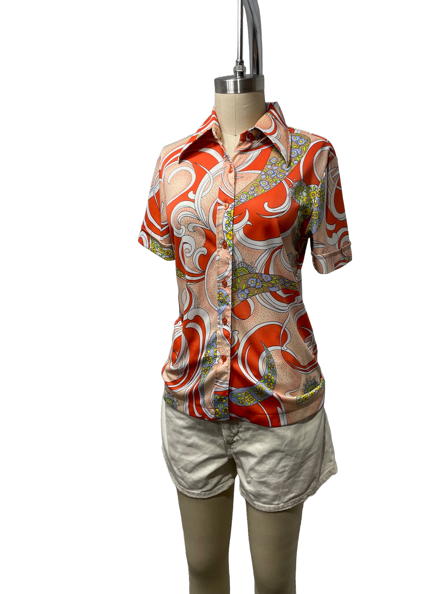 1970s Orange Polyester Paisley Leisure Blouse