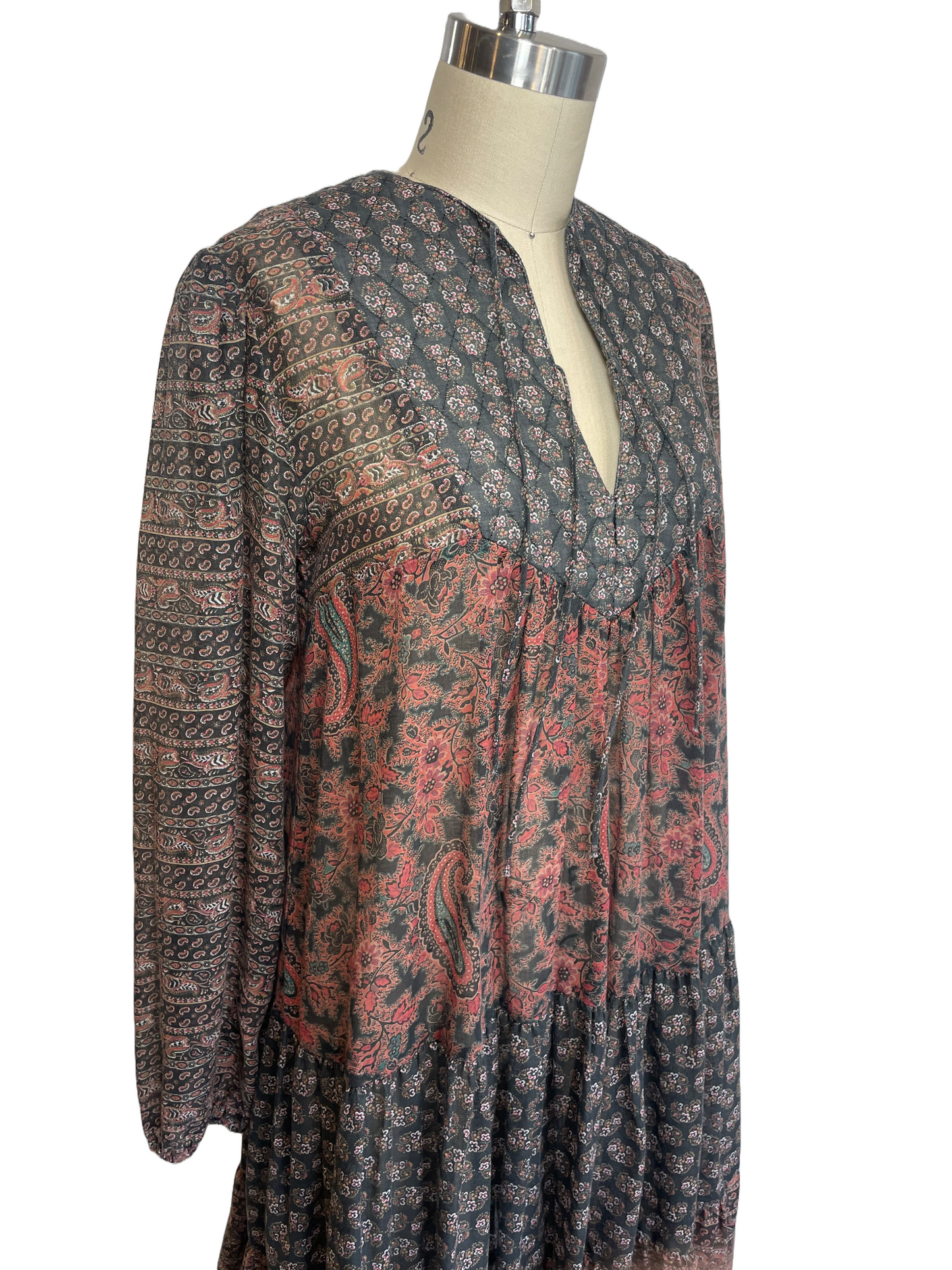 1970s Grey Tones Semi-Sheer Paisley Tunic Dress