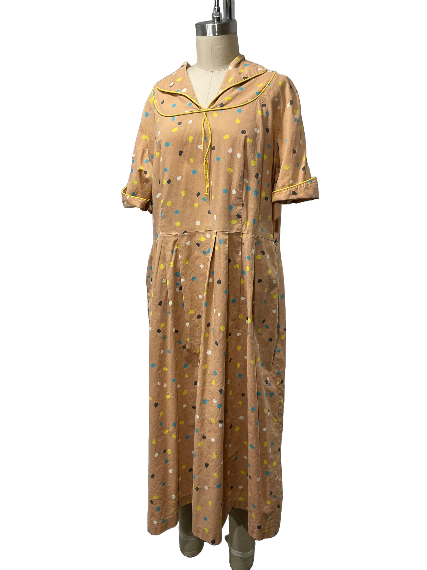 1950s Tan Paint Daub Print Cotton Day Dress