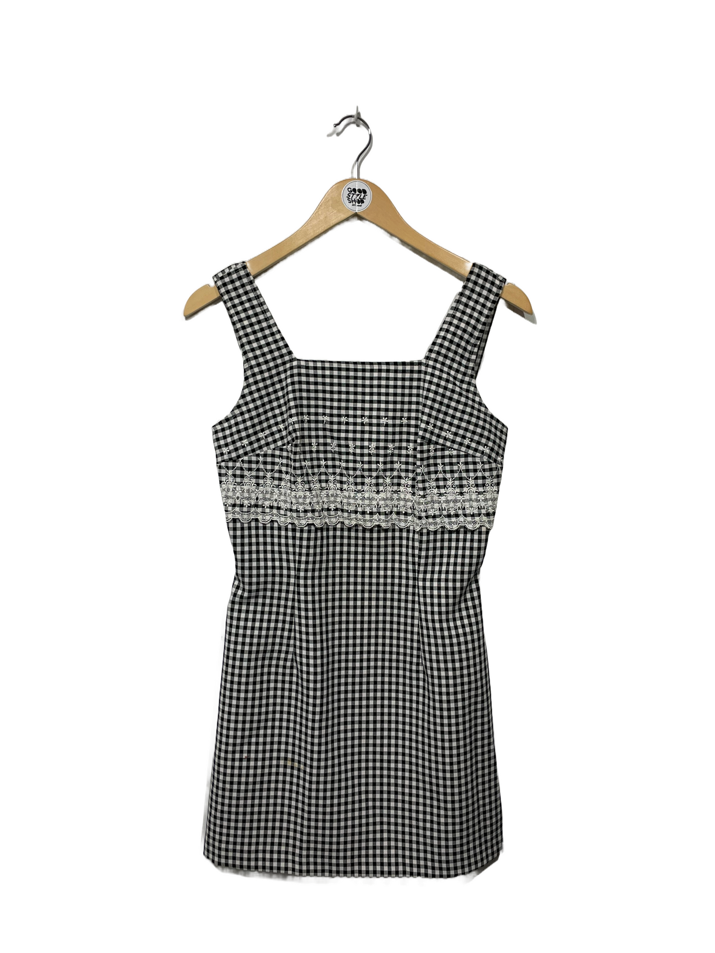 1990s Black White Gingham Floral Embroidery Babydoll Dress