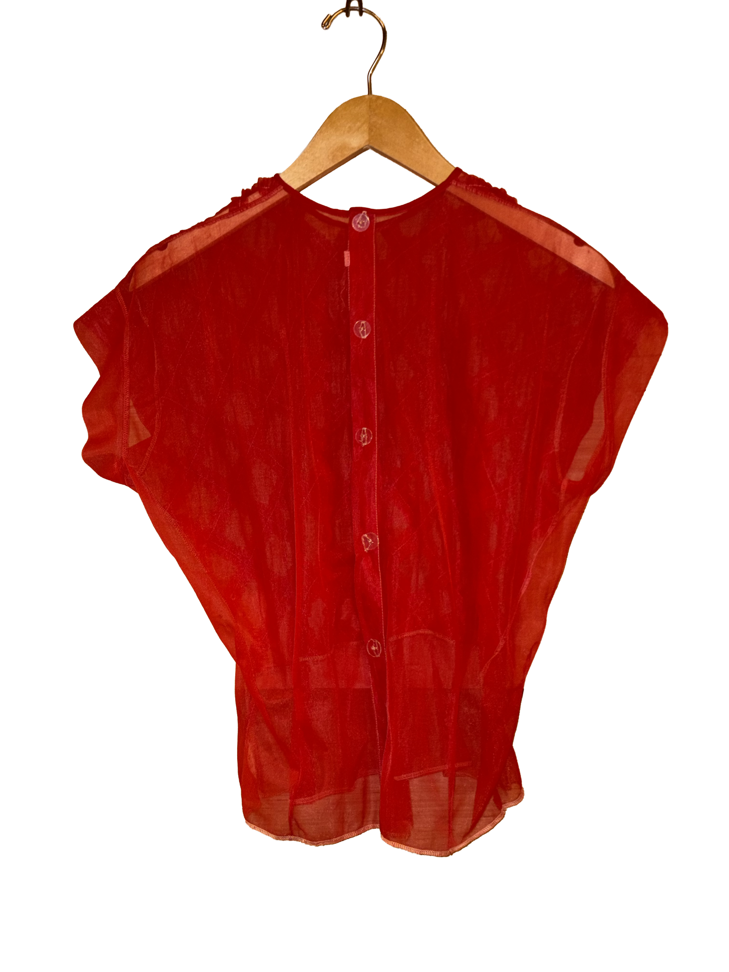 1960s Red Ruched Crosshatch Sheer Nylon Top