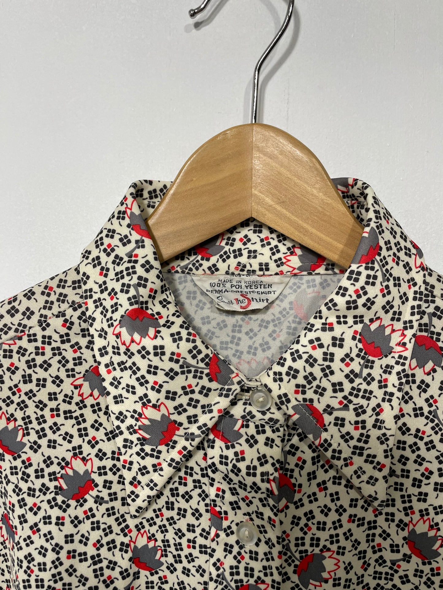 1970s Taupe Geo Confetti Stretch Poly Blouse