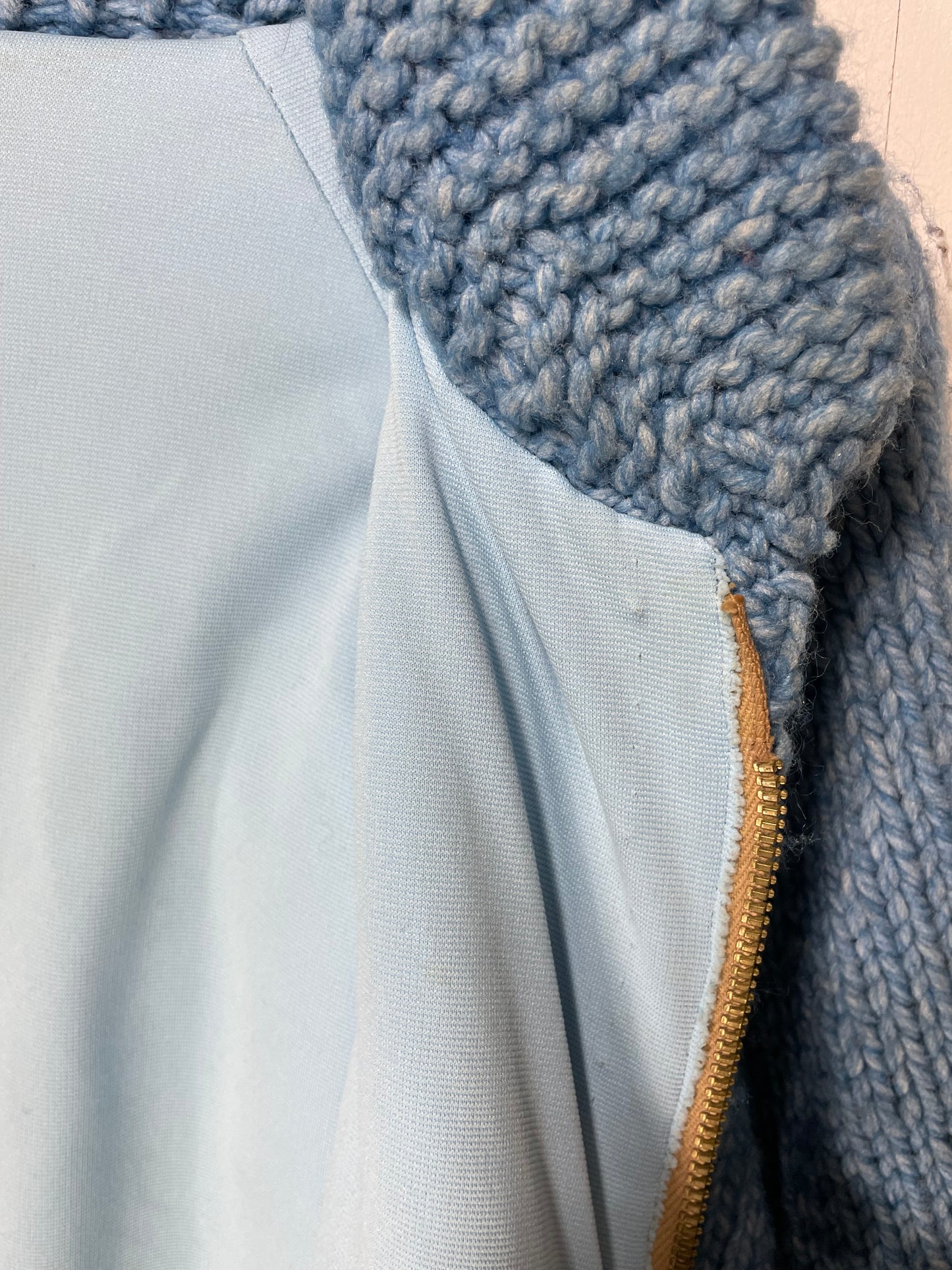 1960s Hand-Knit Wool Light Blue XL Buck Motif Zip Cowichan-Style Cardigan