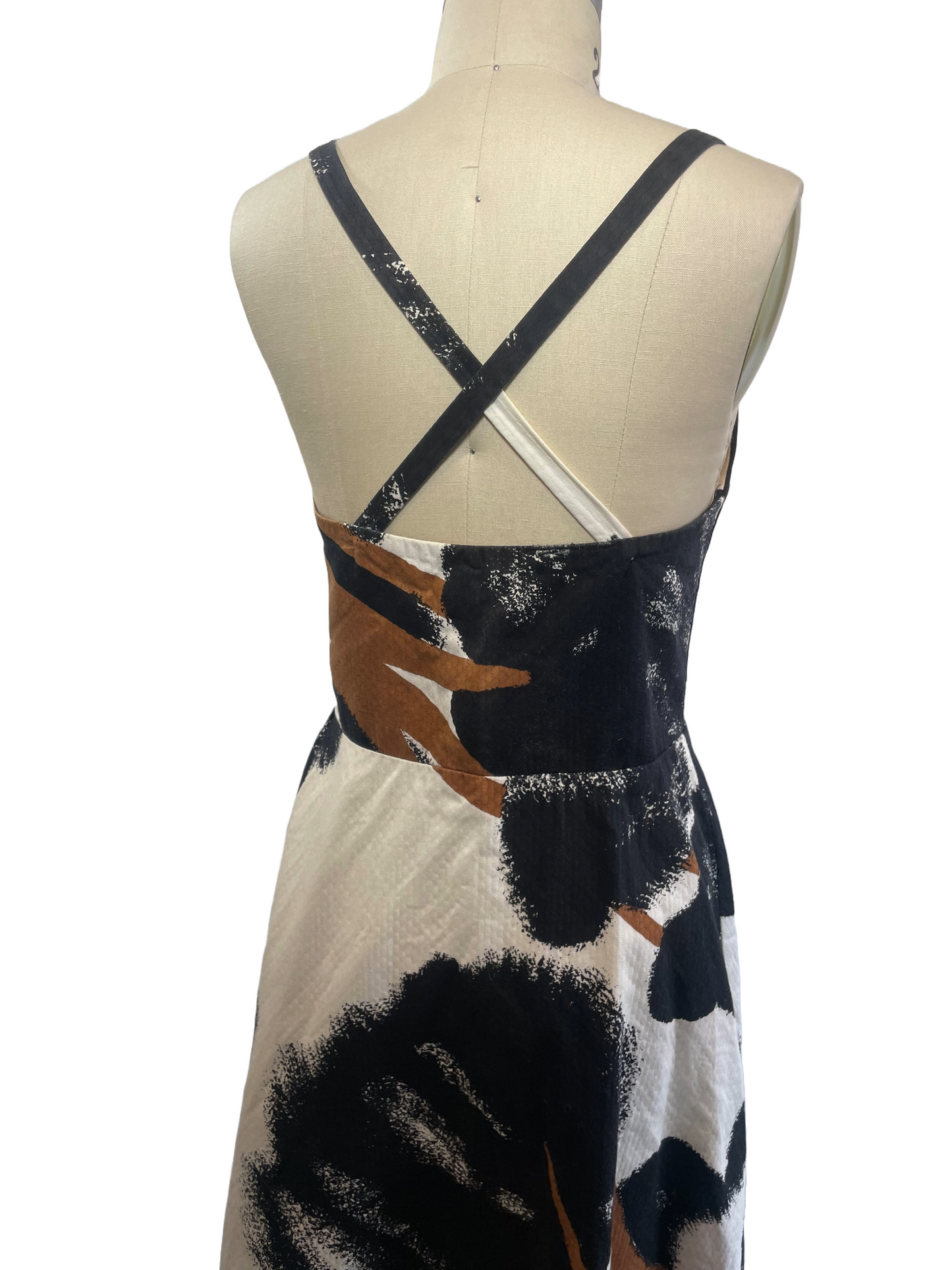 1970s Black White Brown Cross Back 'Malia' Mini Dress