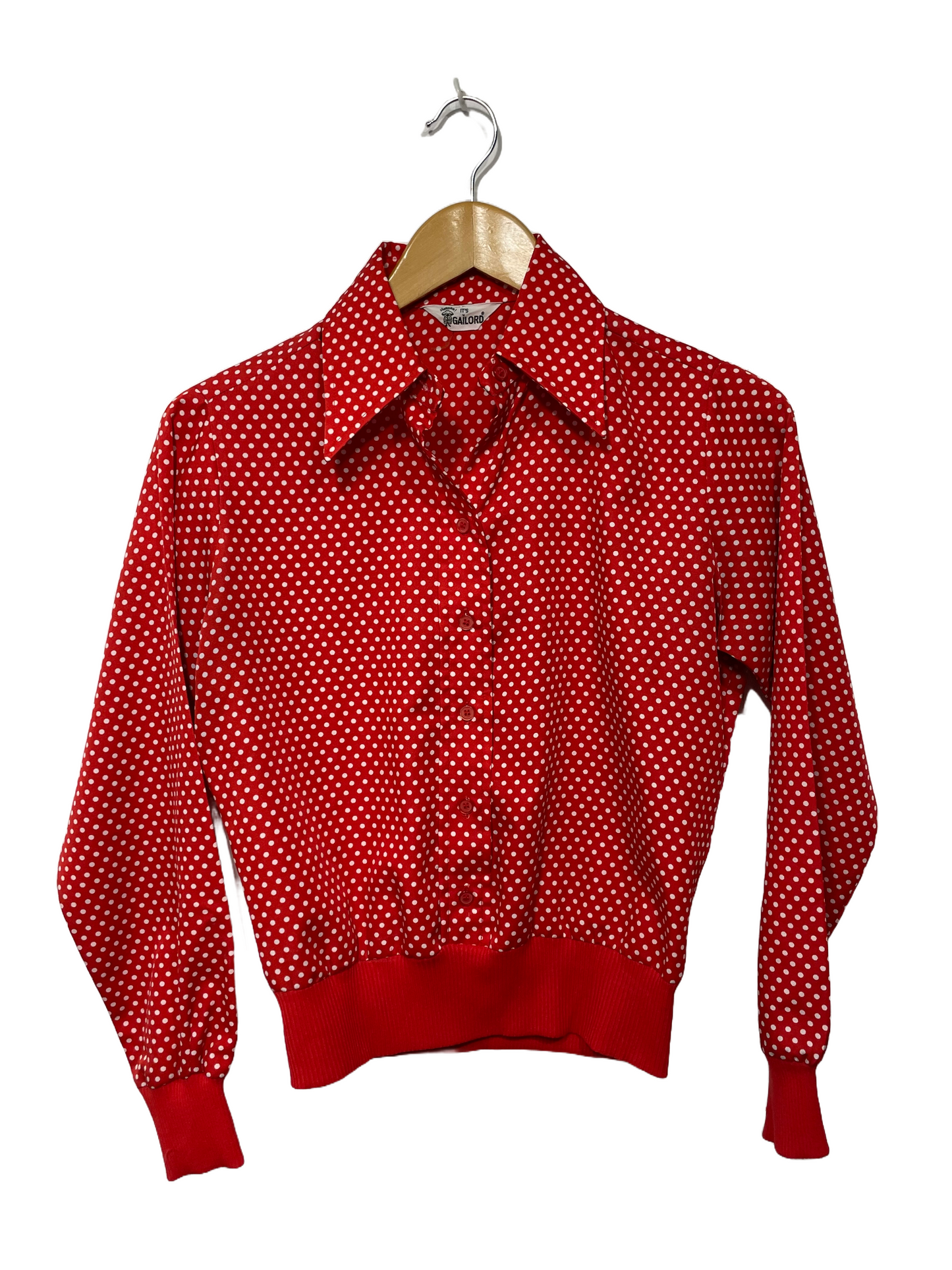 1970s Red Polkadot Poly Banded Blouse