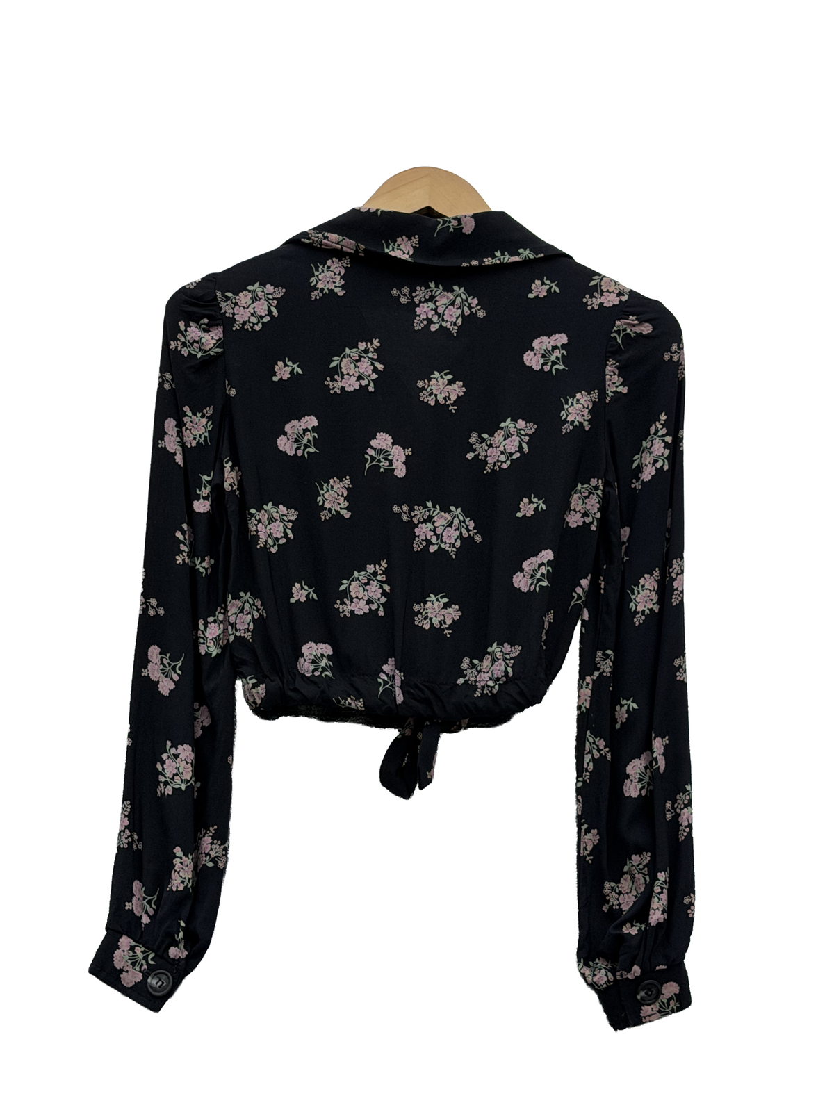 1970s Black Romantic Floral Cropped Cotton Blouse