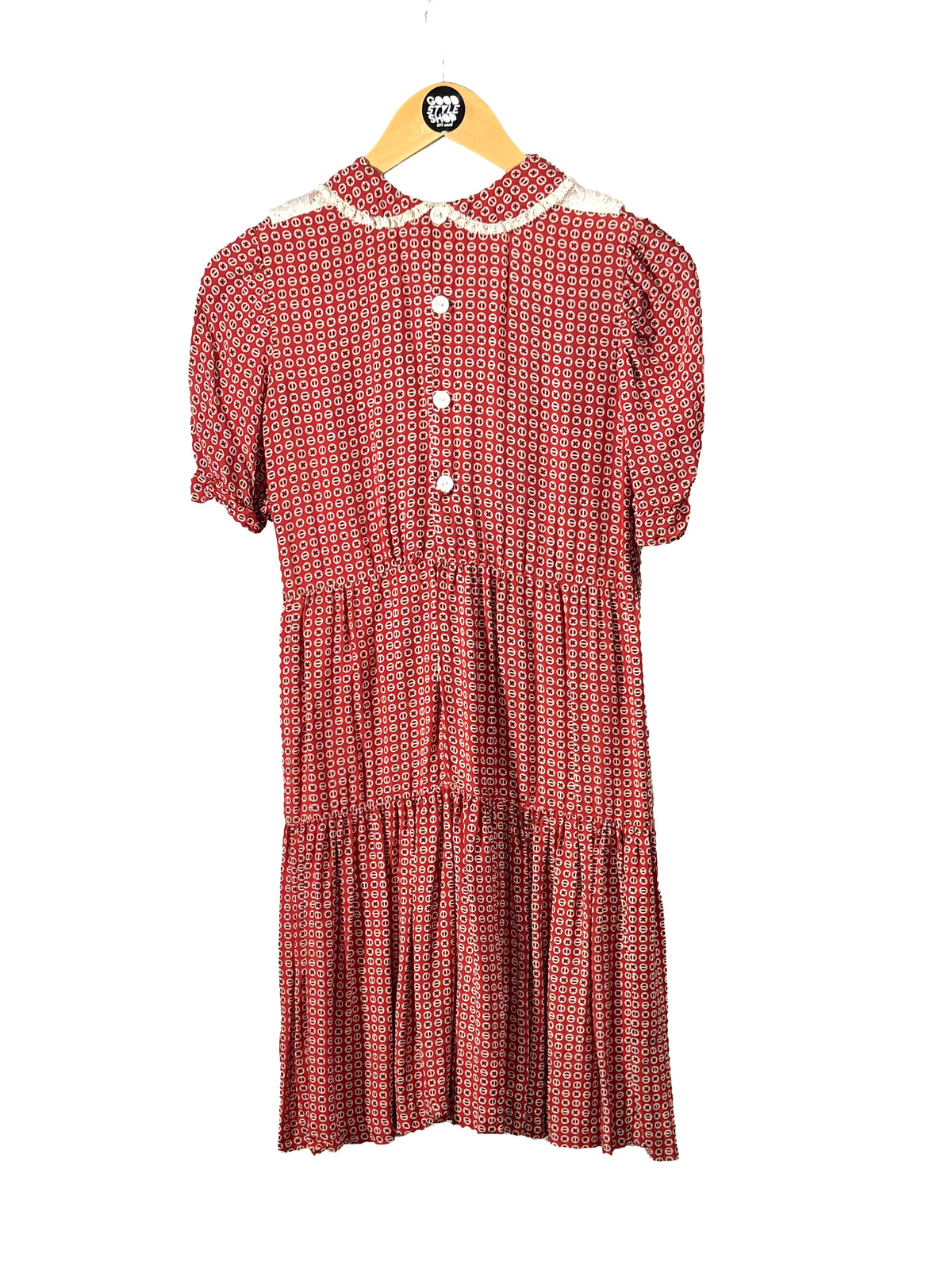 1930s-40s Brick Red Lace Accent Acetate Babydoll Dress