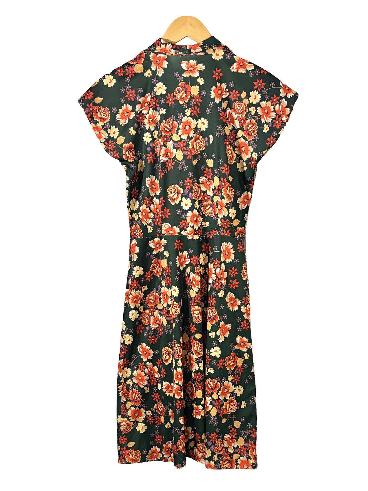 1970s Green Orange Floral Poly Fit and Flare Dress