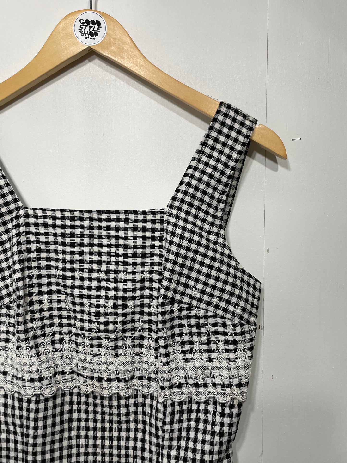 1990s Black White Gingham Floral Embroidery Babydoll Dress