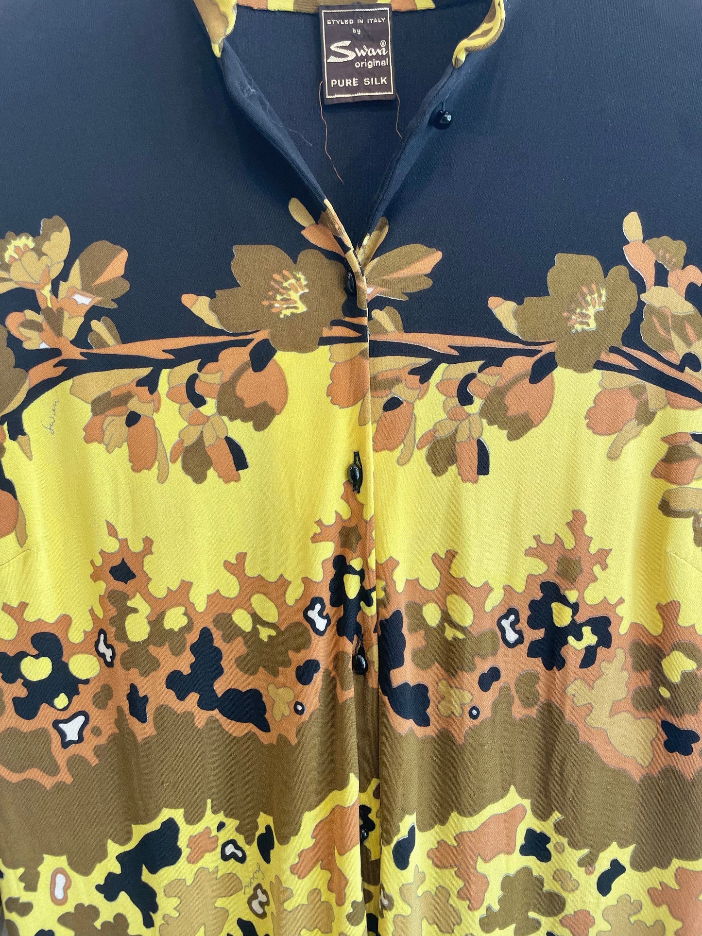 1970s Black Yellow Amber Mustard Silk Abstract and Floral 'Swan' Nehru Collar Blouse