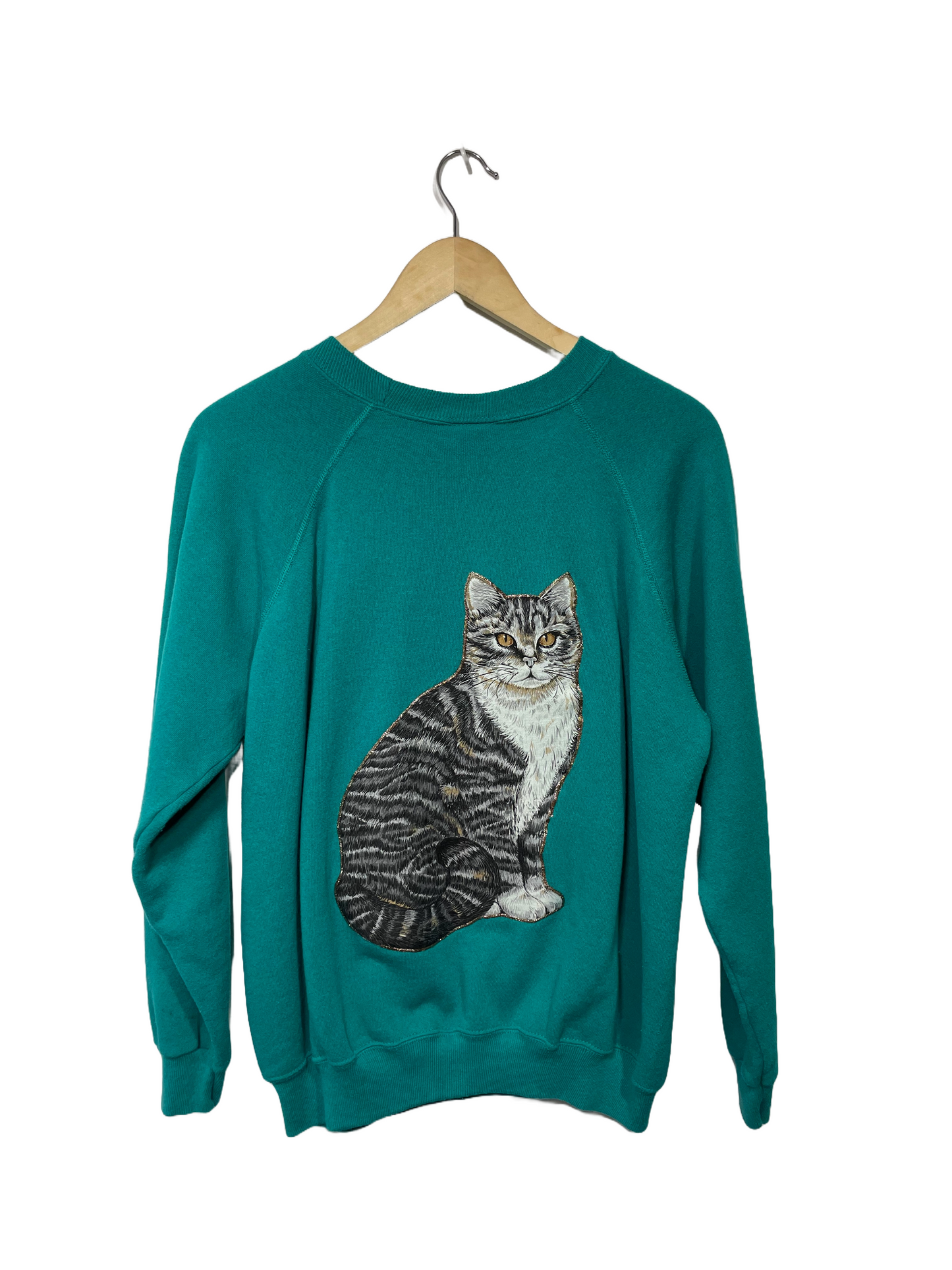 1990s Turquoise Cat Appliqué Double-Sided Sweatshirt