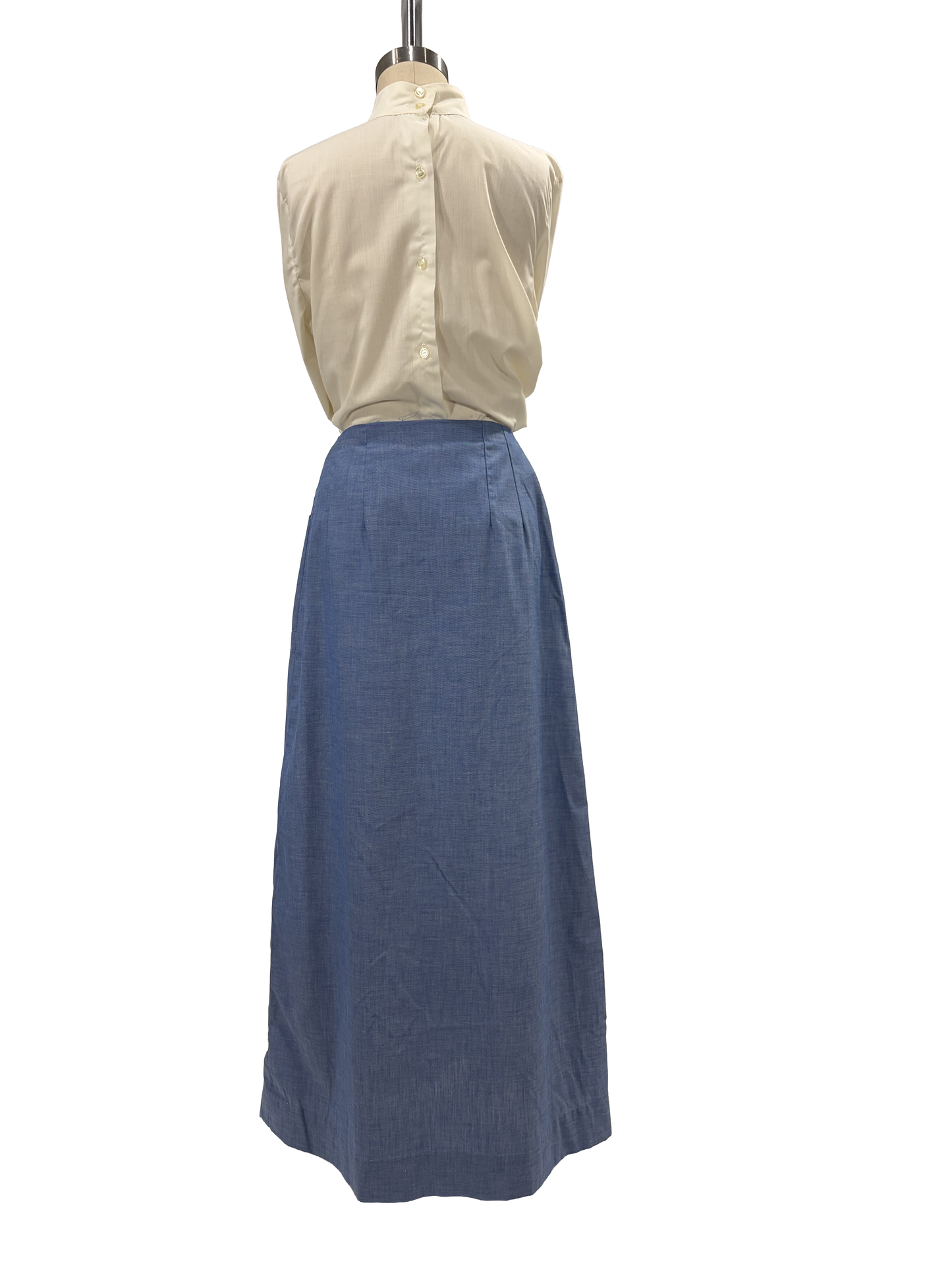 1970s Chambray Full Placket Embroidered Maxi Skirt