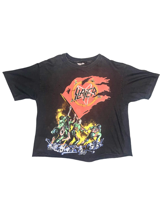 Black t-shirt with 'Slayer' band graphic on a white background