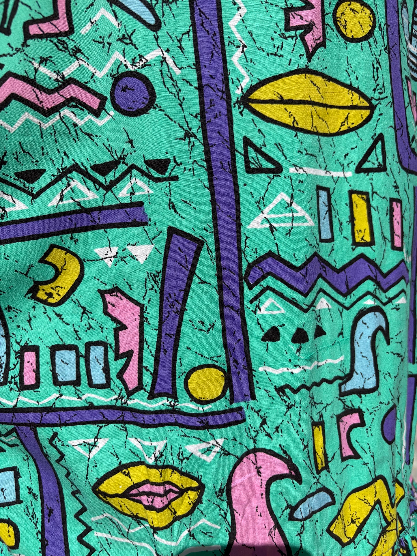 1980s Teal Purple Cracked Hieroglyphics Motif Cotton Jumper Dress