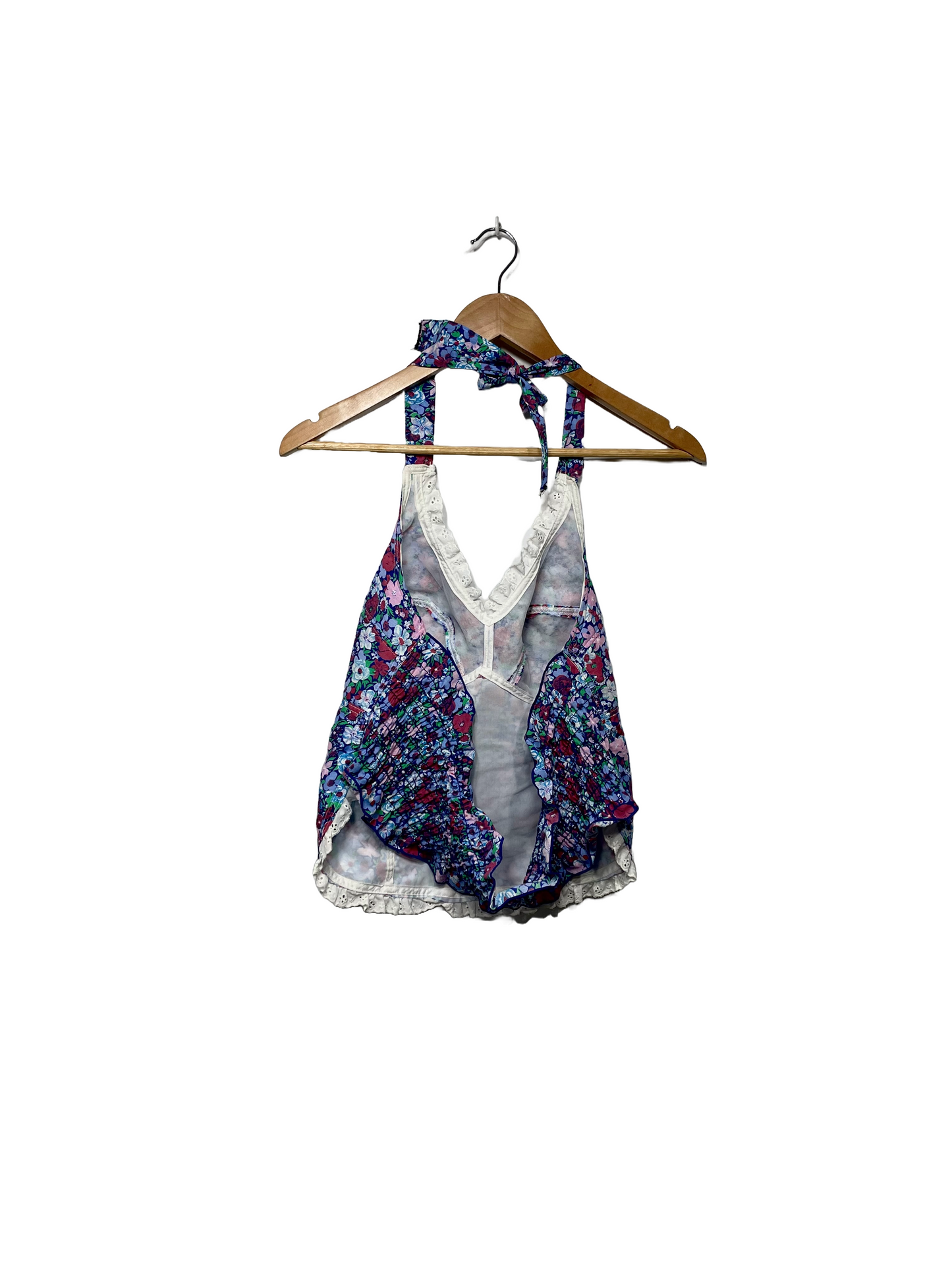 1980s Does 1950s Blue Pink Floral Eyelet Ruffle Trim Halter Top