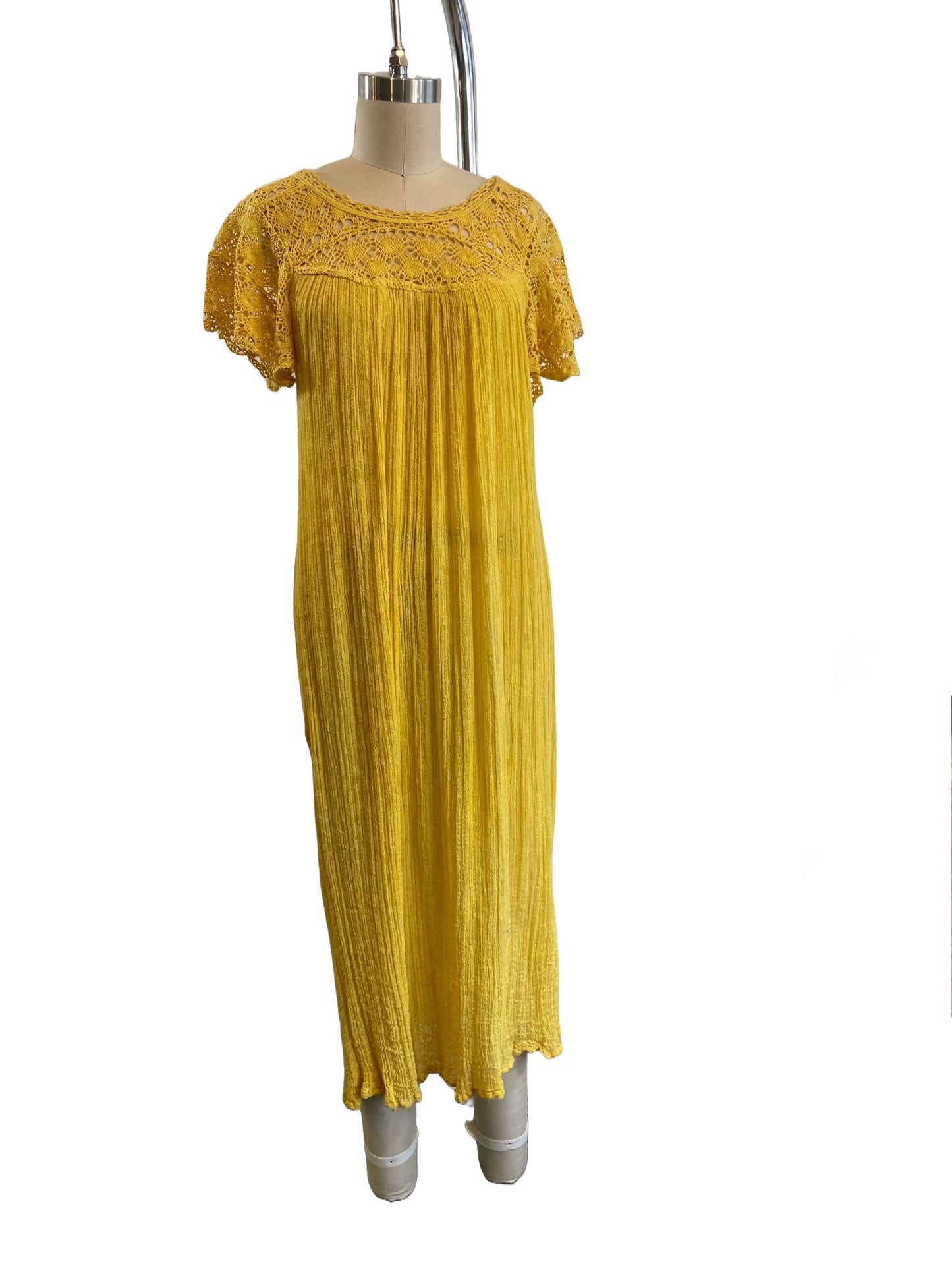 1970s Golden Yellow Gauze Maxi Dress