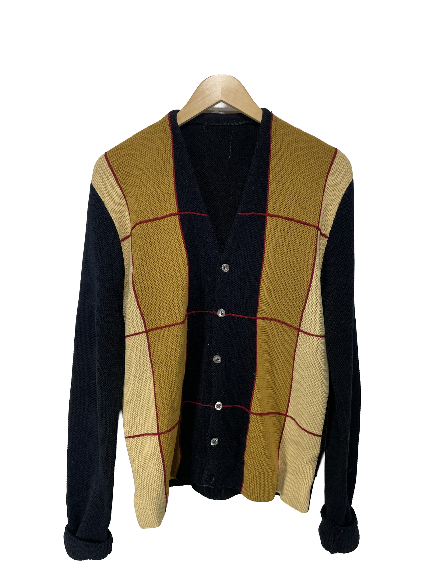 1960s Black Tan Butter Grid Pattern Acrylic Men’s Cardigan / Size M-L