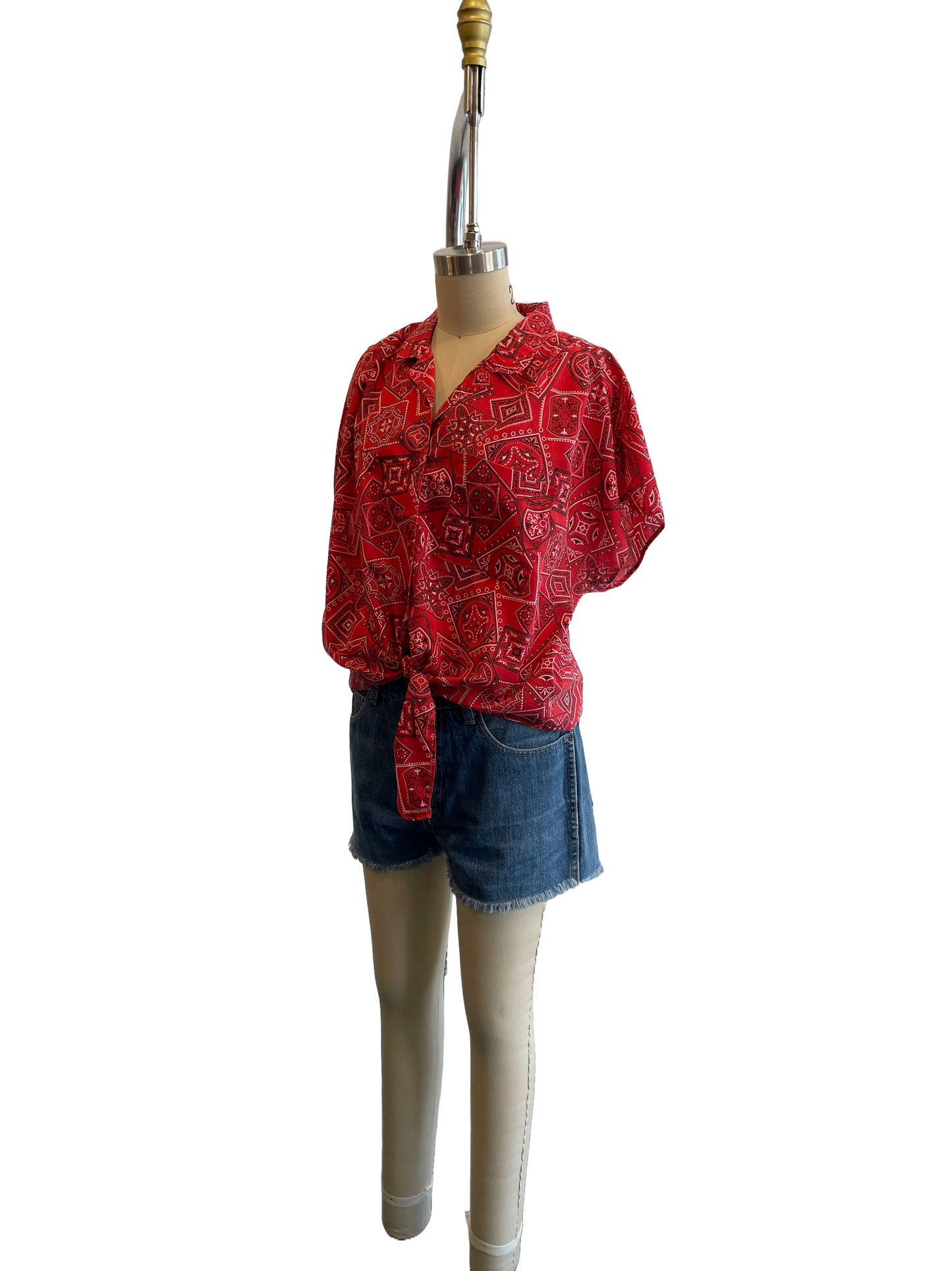 1980s Red Bandanna Print Tie Blouse
