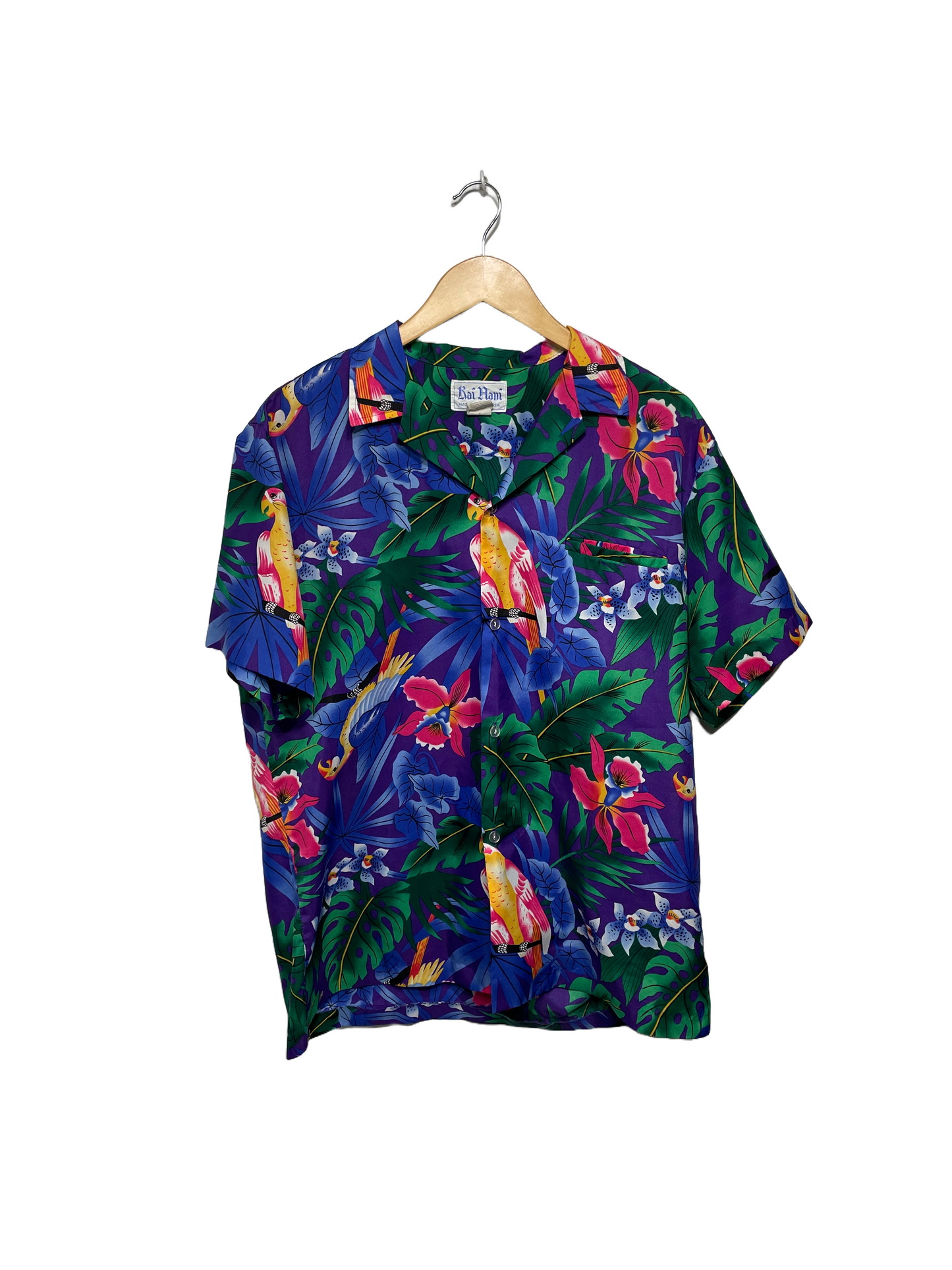 1980s Purple Parrot Print Vacation Shirt