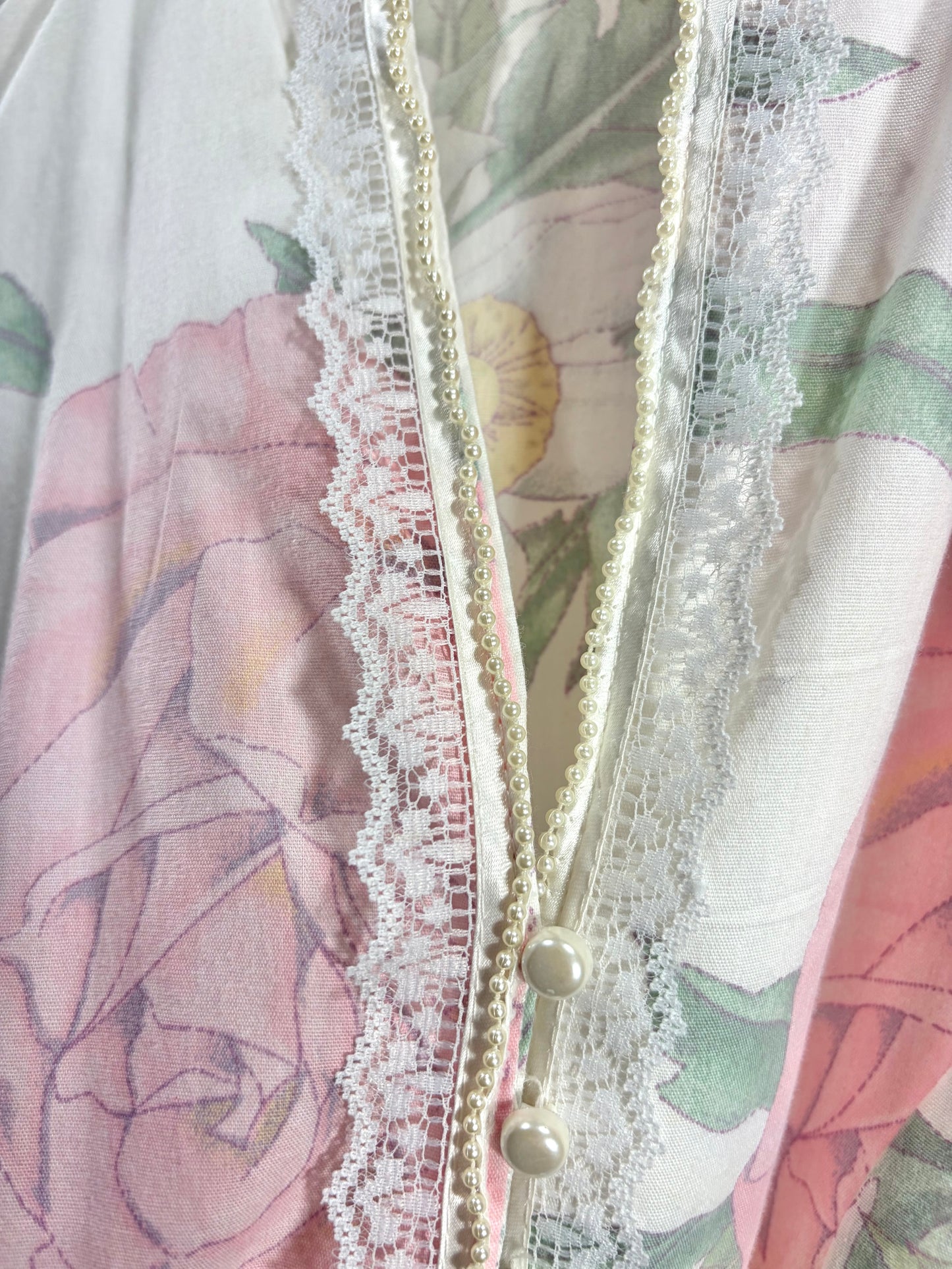1980s White Floral Lace Pearly Trim Cotton Summer Dress