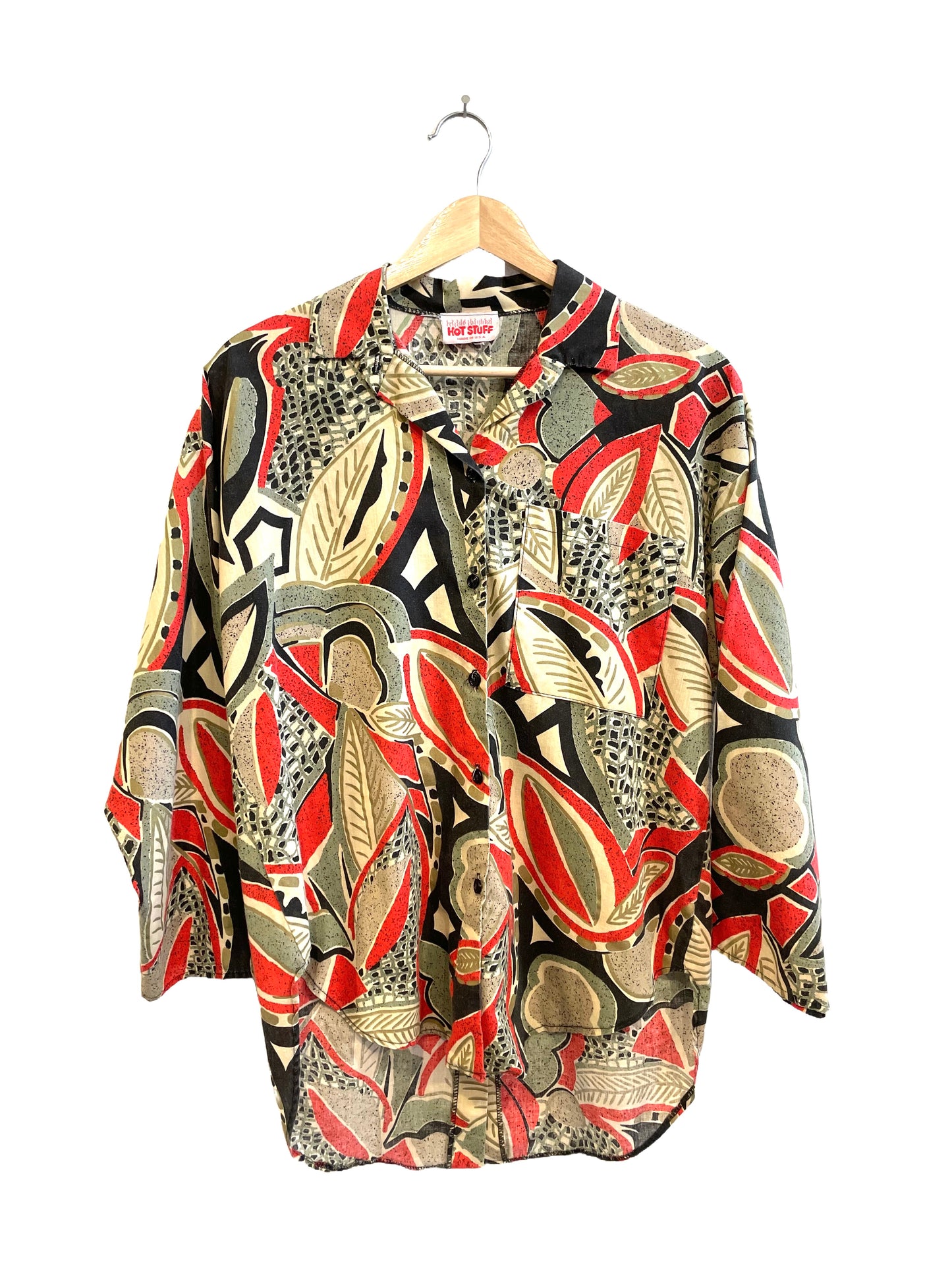 1980s Tropical Foliage Block Print Back Button Cotton Top