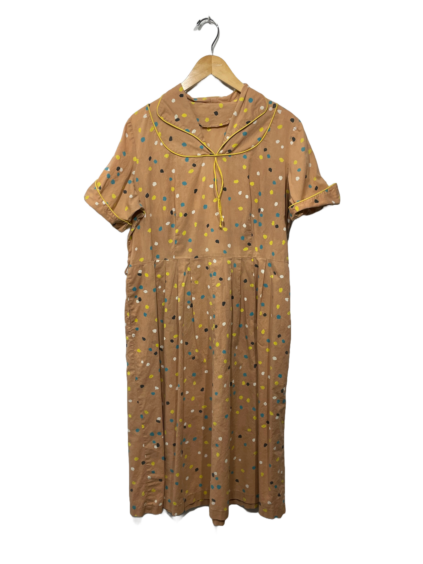 1950s Tan Paint Daub Print Cotton Day Dress