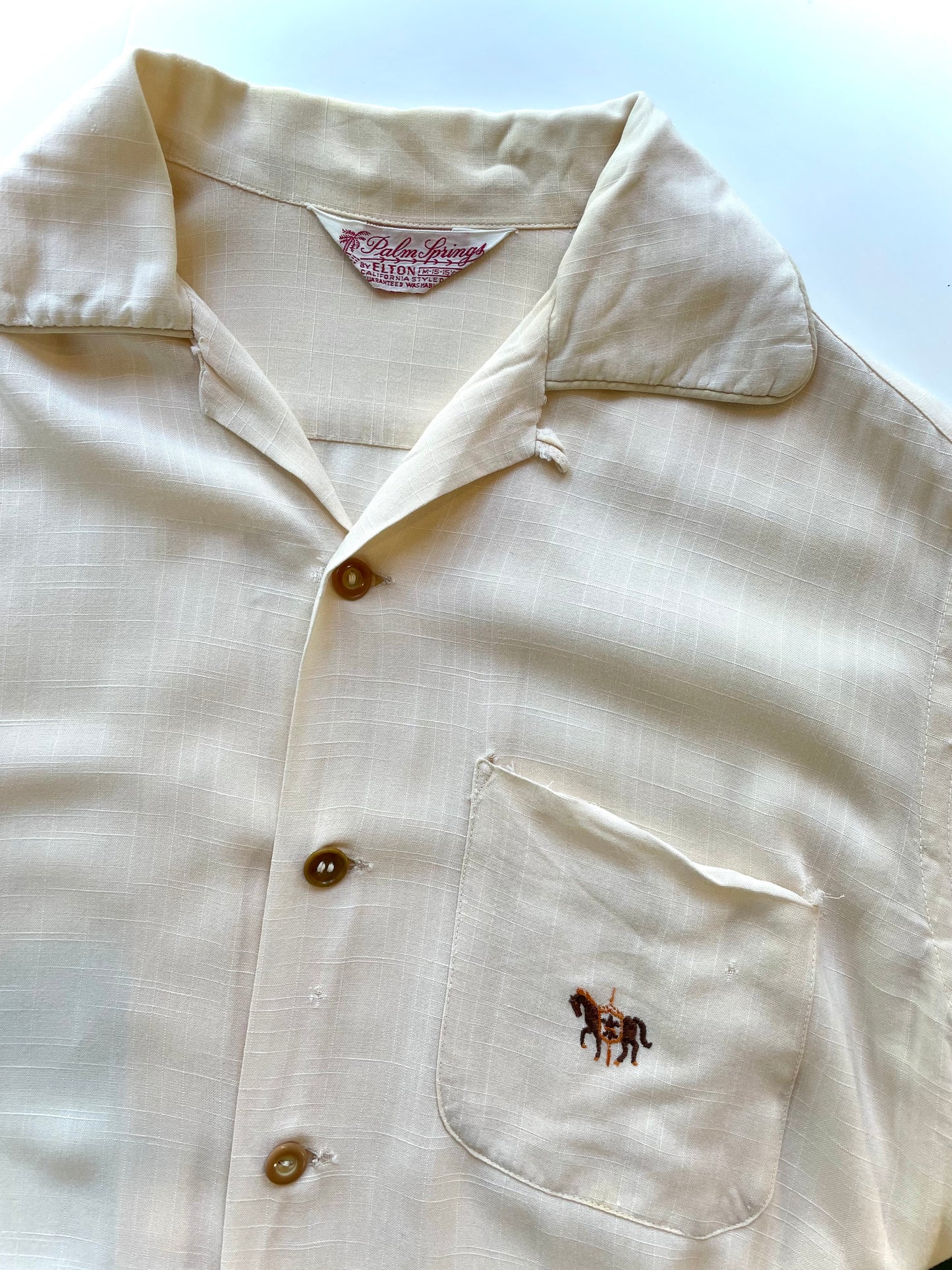 1950s Cream Rayon Loop Collar Equine Emblem Shirt