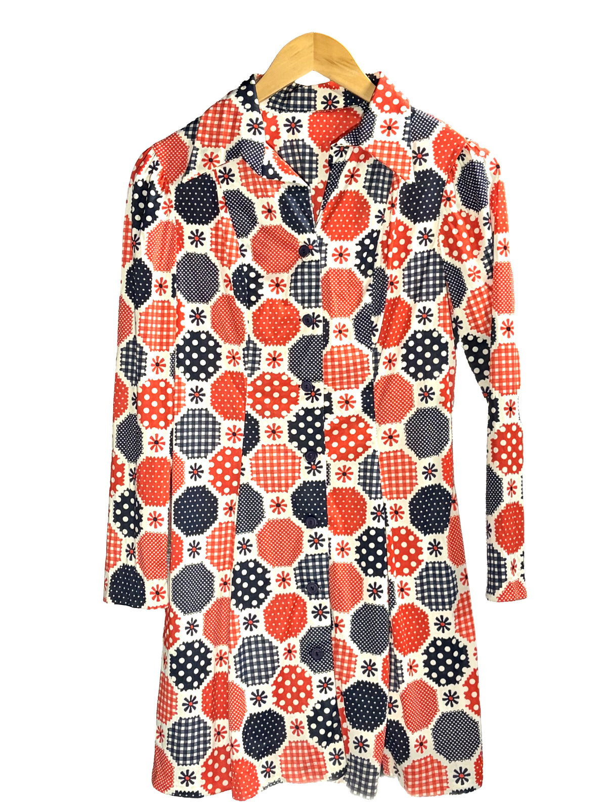 1970s Polyester Red Blue Patchwork Dots Mini Dress