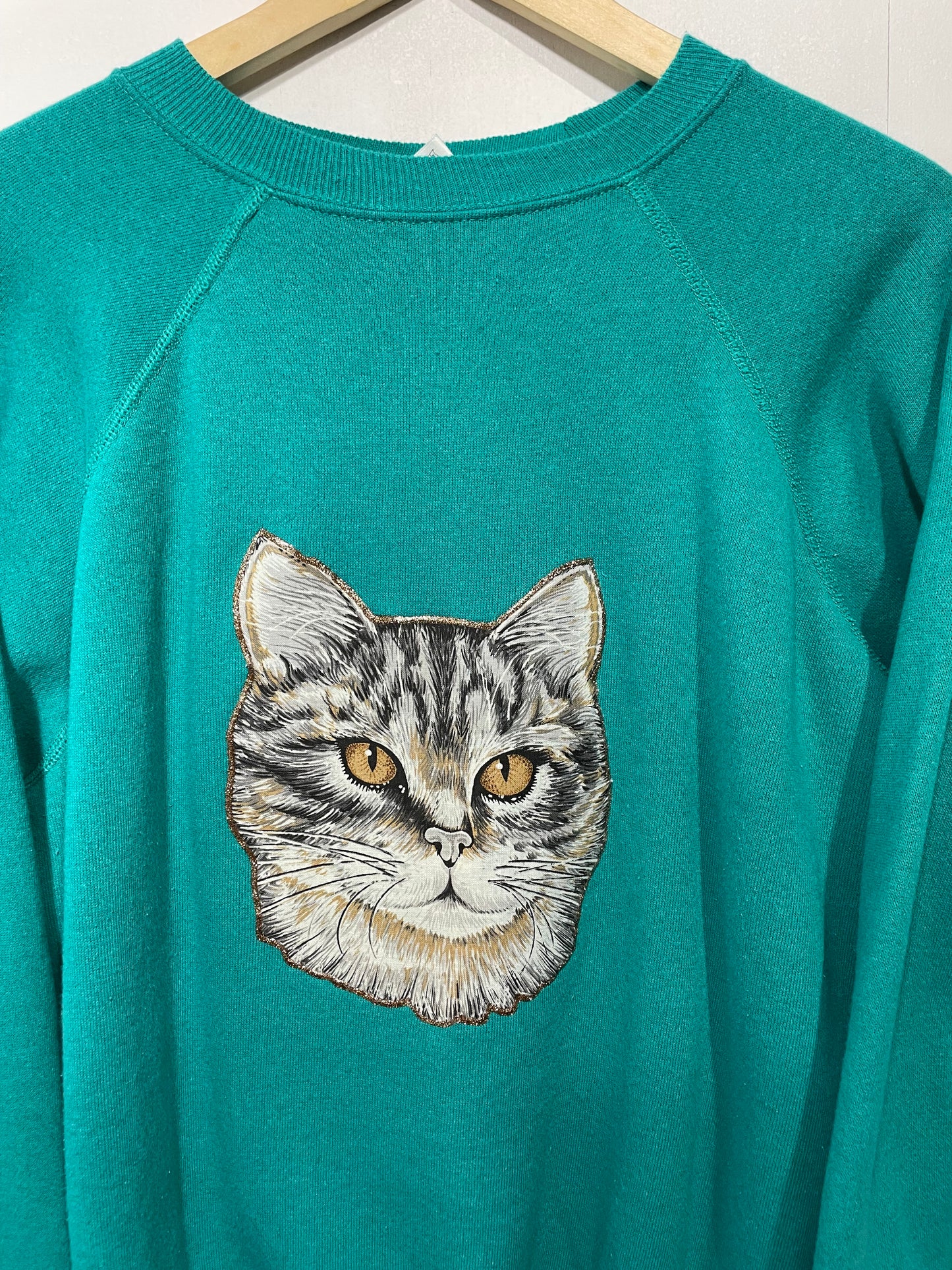 1990s Turquoise Cat Appliqué Double-Sided Sweatshirt