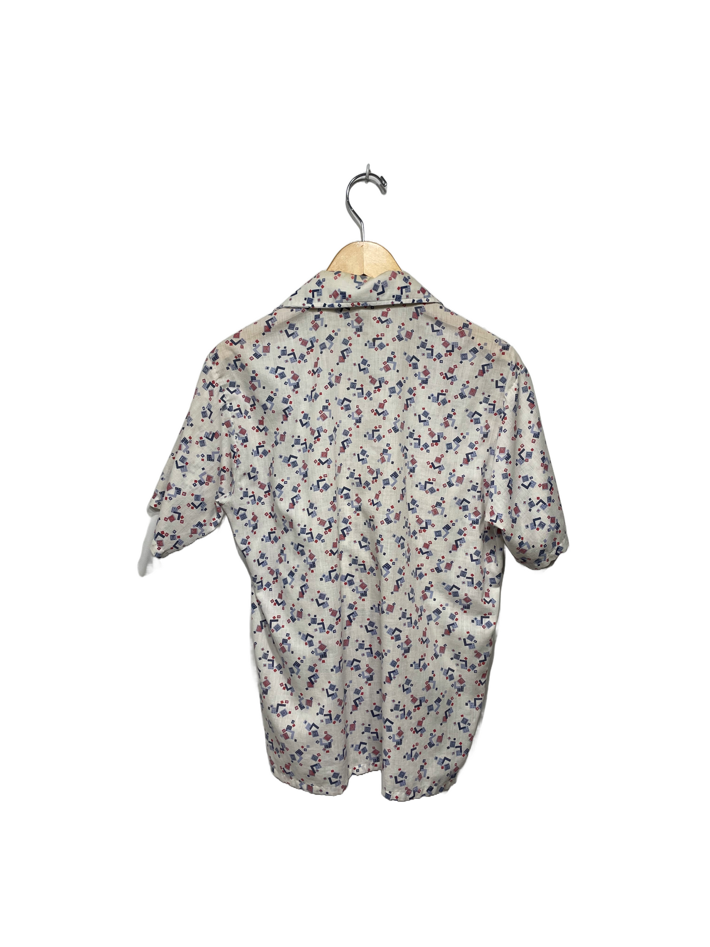 1970s White Red Blue Micro Geo Print Leisure Shirt