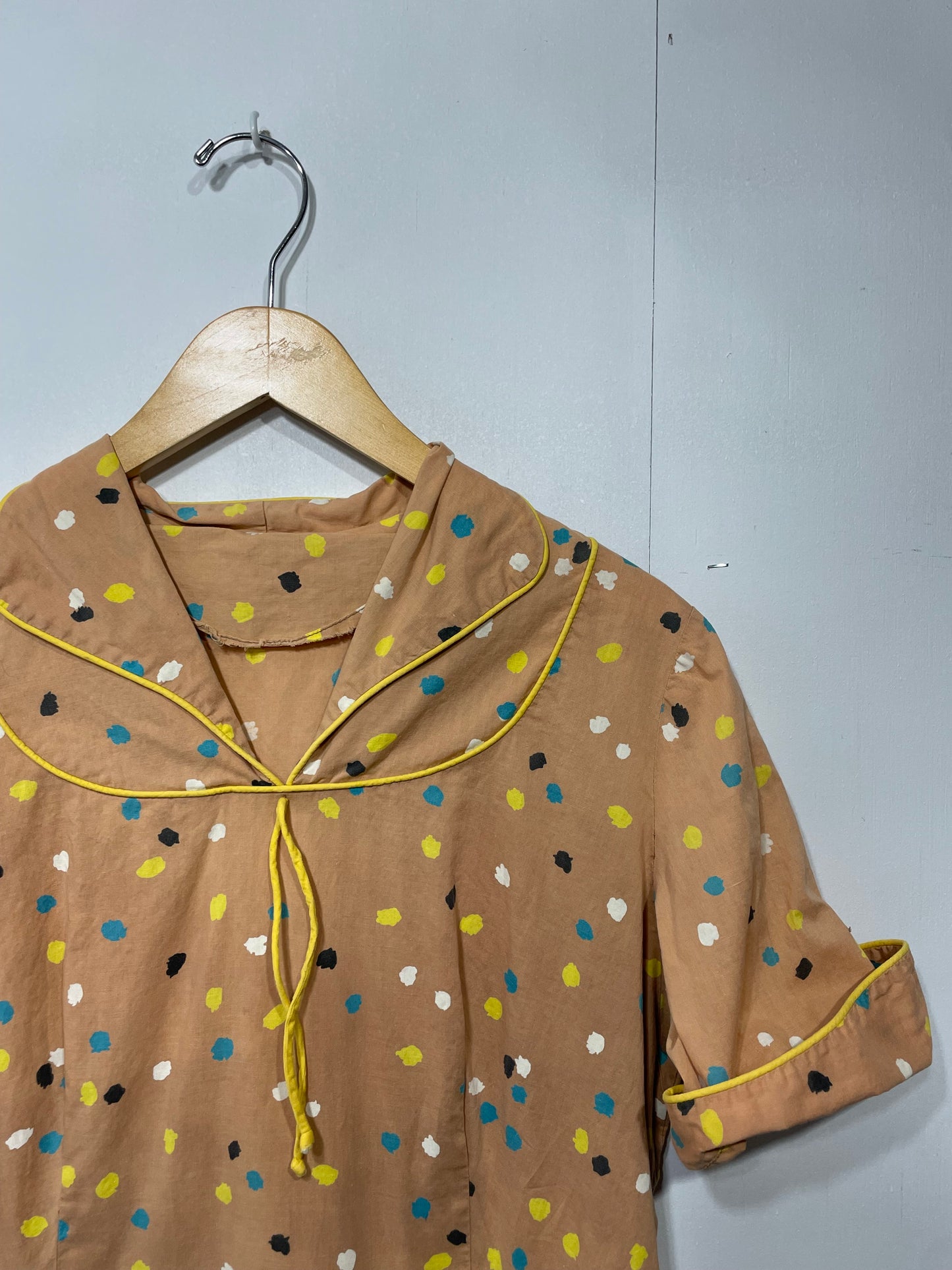 1950s Tan Paint Daub Print Cotton Day Dress