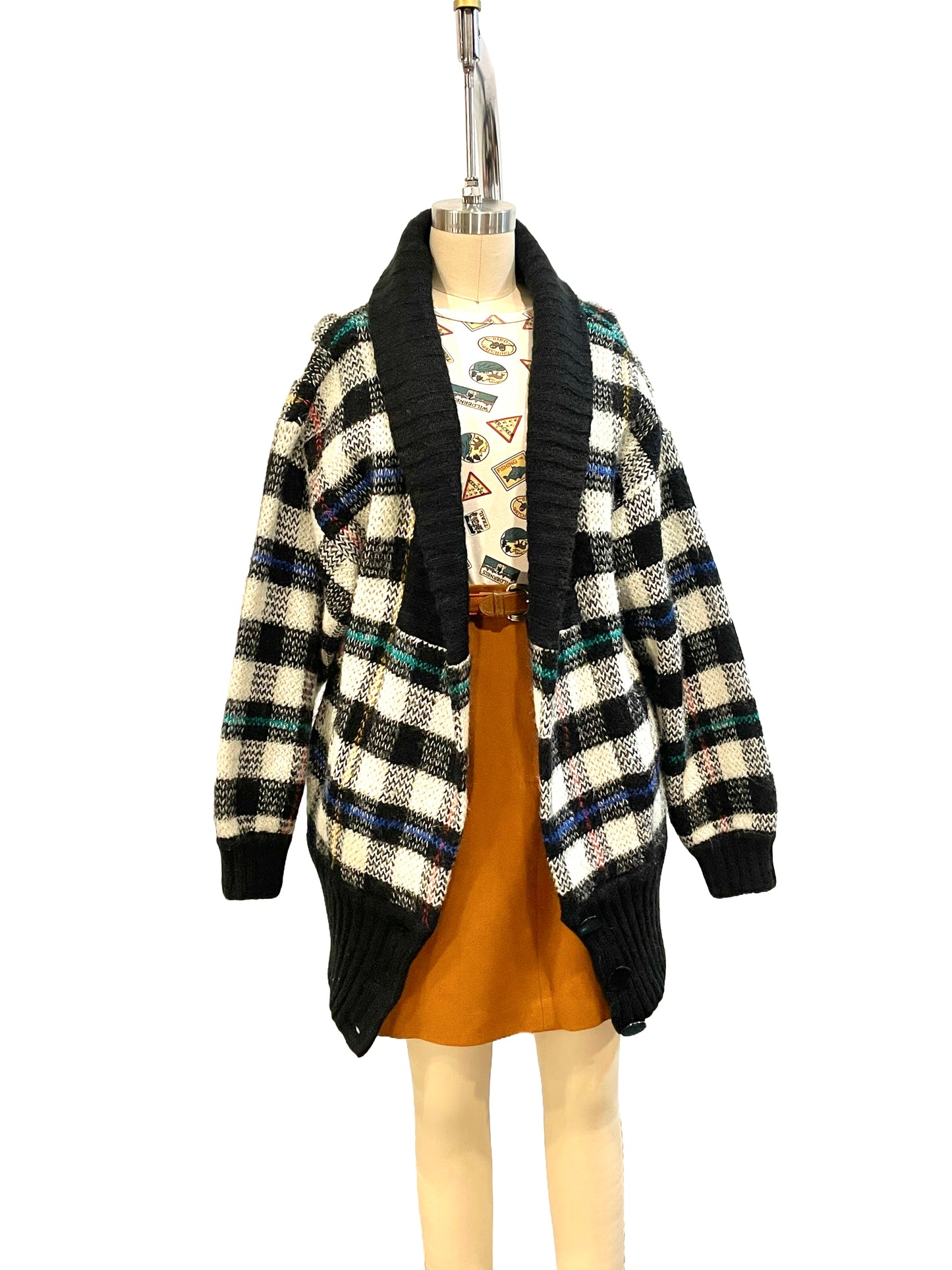 1990s Black White Color Pop Plaid Cocoon Shawl Cardigan