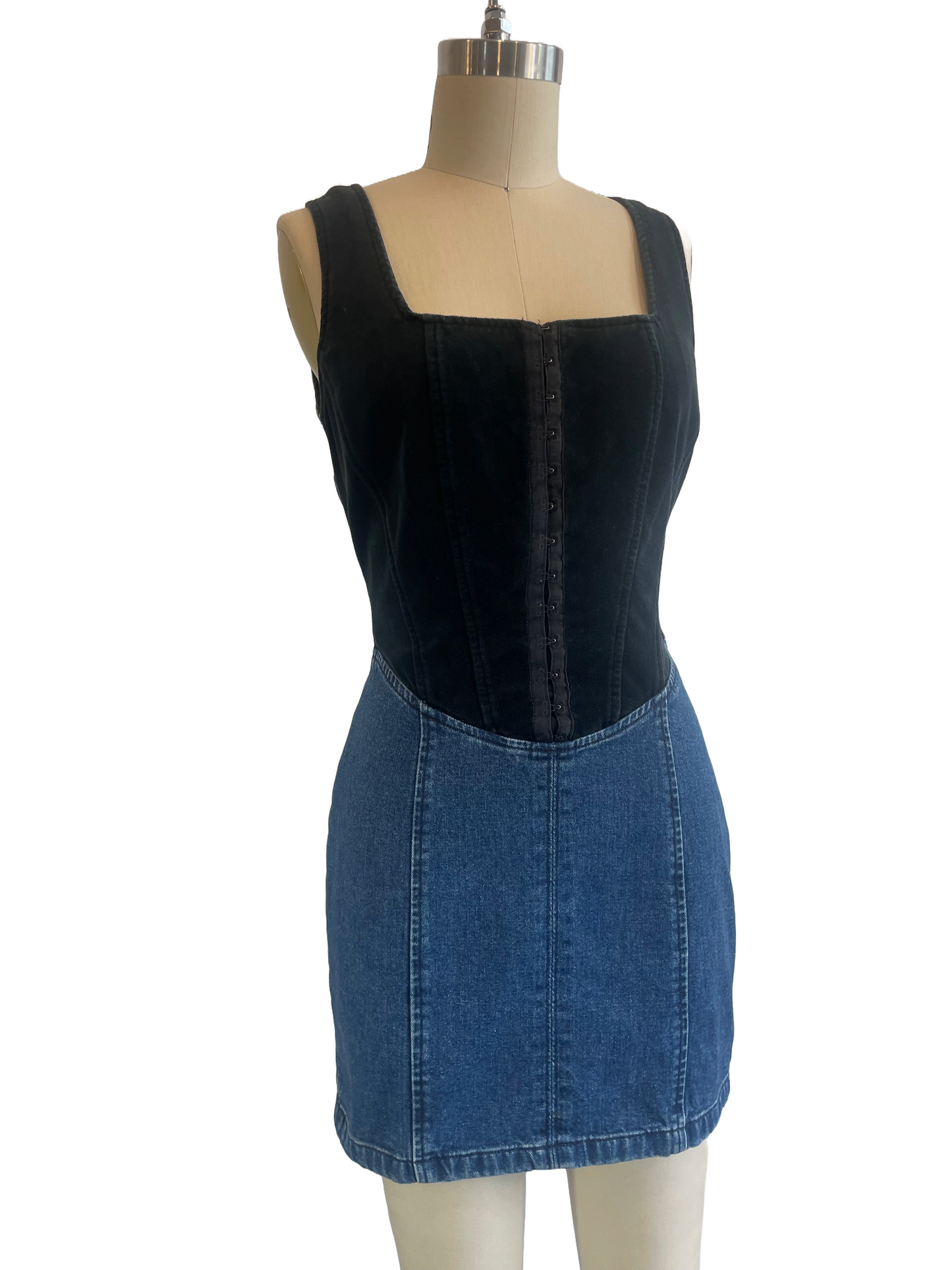 1990s Black Velvet Denim GUESS Corset Top Mini Dress