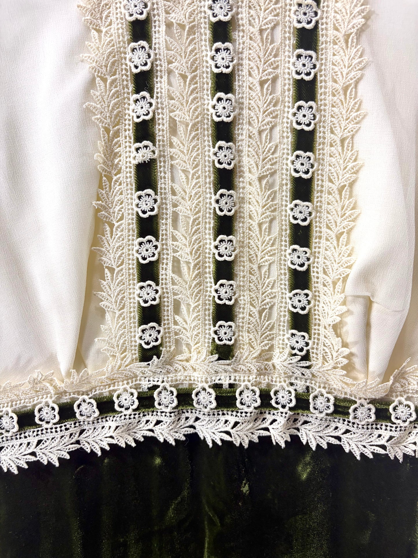 1960s Ivory Chiffon Emerald Velvet Baroque-Inspired Gown