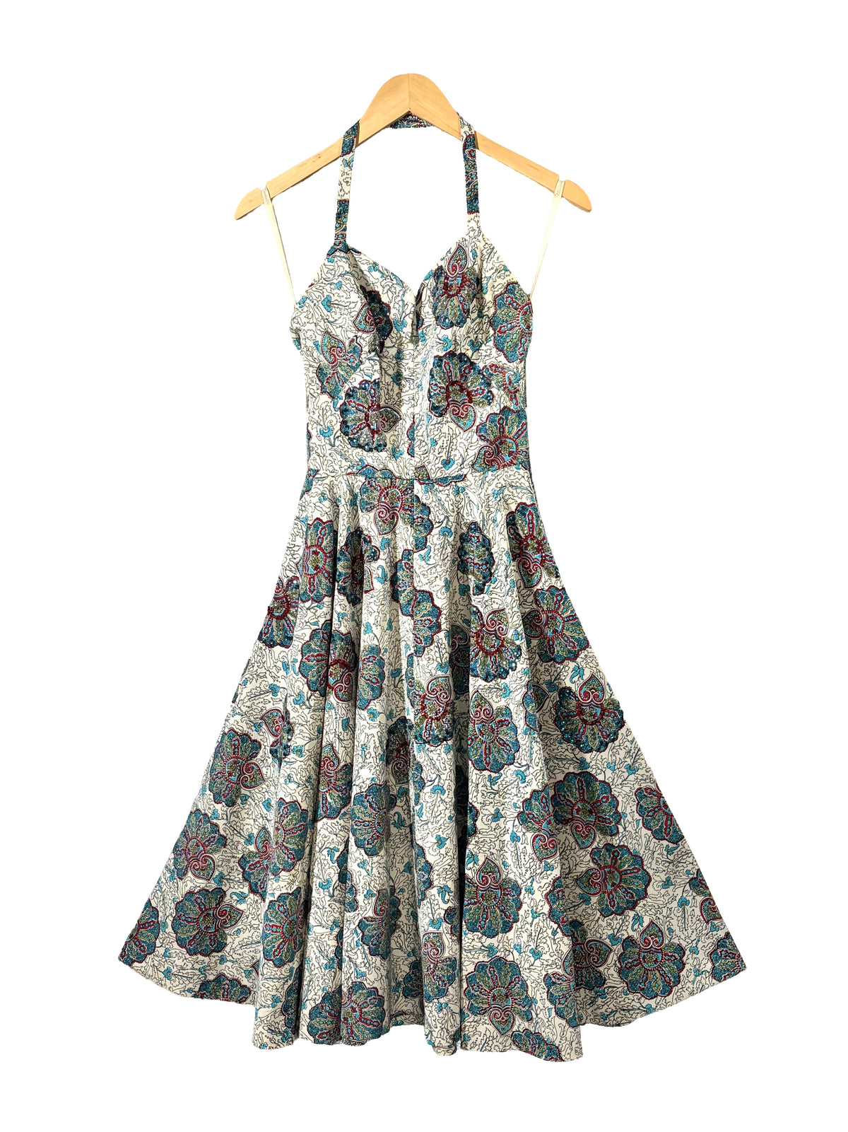 1950s Cream Teal Red Silk Faille Sequined Paisley Halter Fit-and-Flare Dress