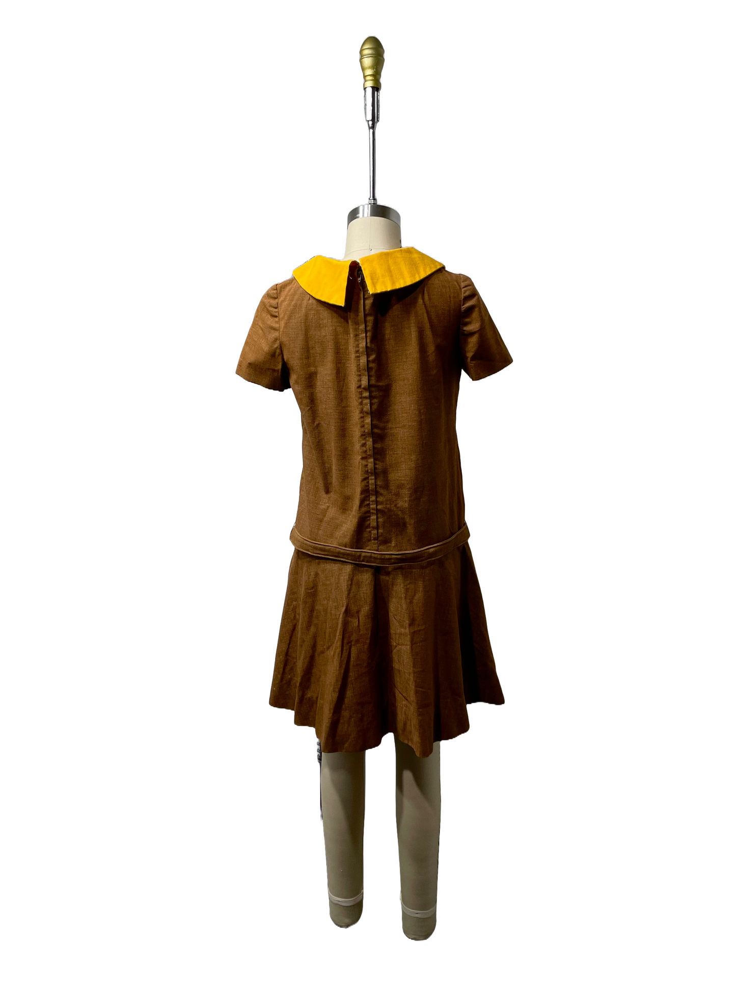 1970s Brown Yellow Mod Dagger Collar Belted Scooter Dress
