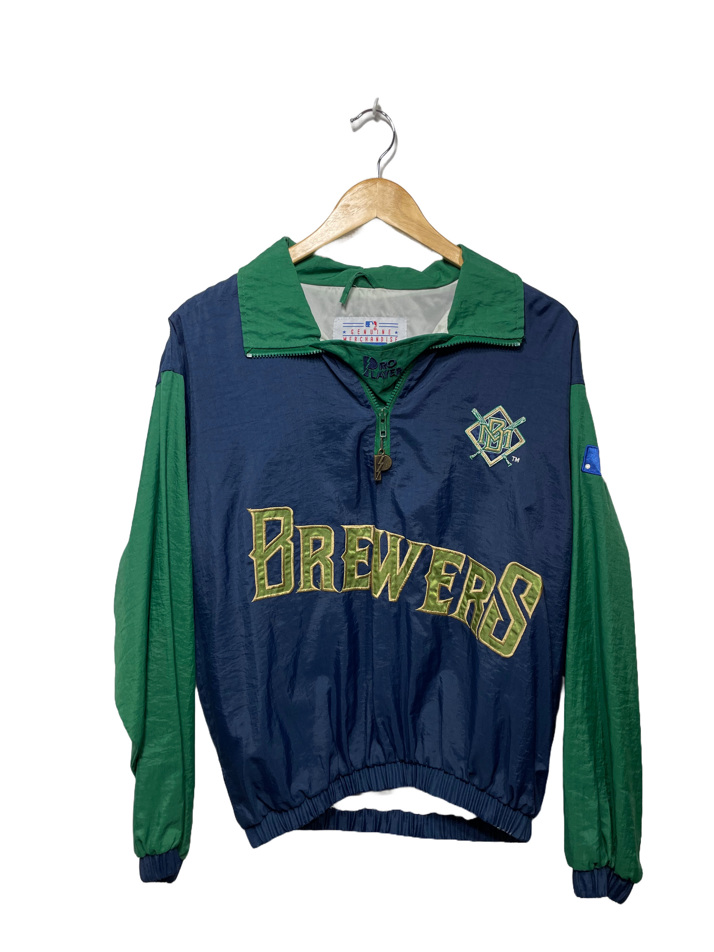1990s Navy Blue Green Pro Player Brewers Pullover Windbreaker