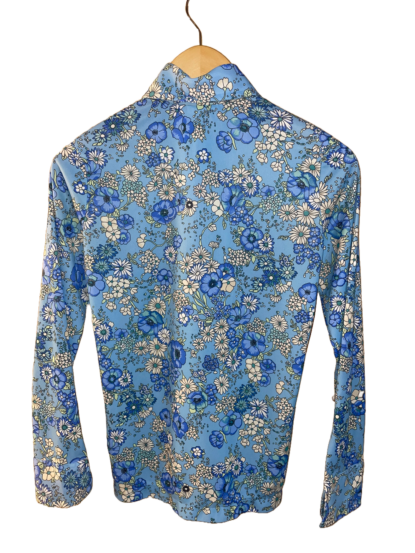 1970s Blue Floral Stretch Poly Fitted Blouse