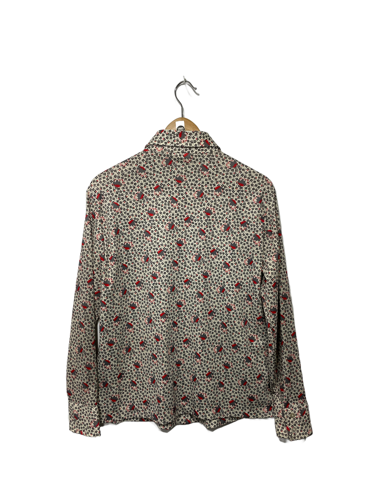 1970s Taupe Geo Confetti Stretch Poly Blouse