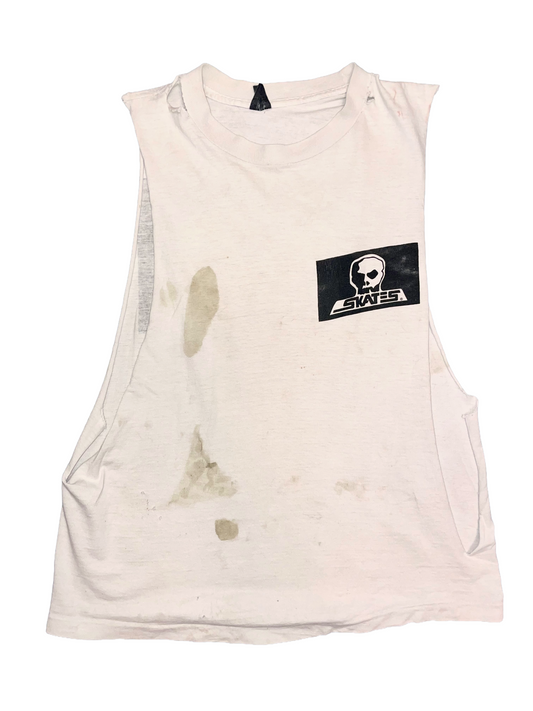 Skull Skates Skate Deck Brand ca. 1980s White Double Sided Cut-off Vintage T-Shirt