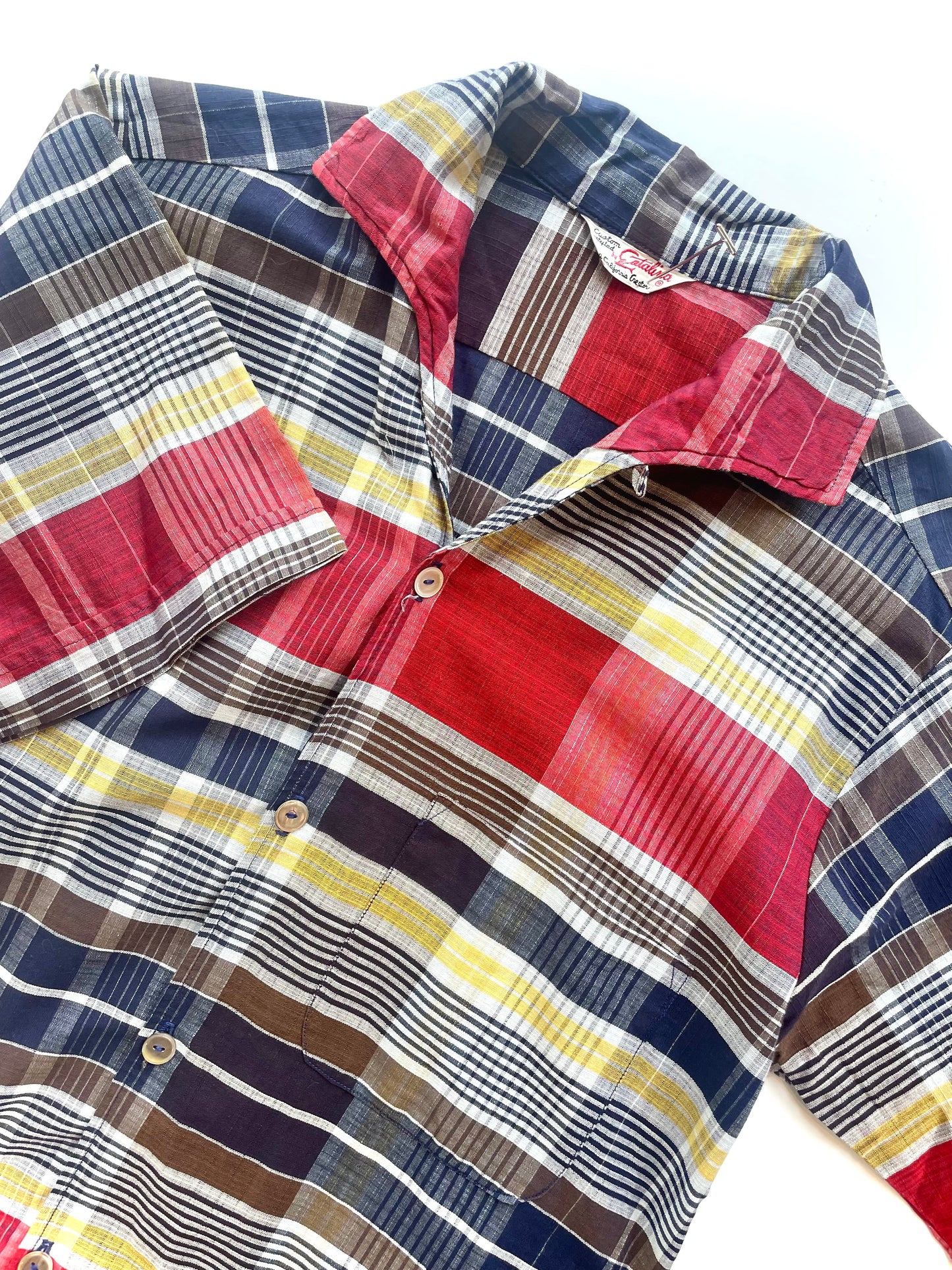 1950s Catalina Maroon Madras Loop Collar Shirt
