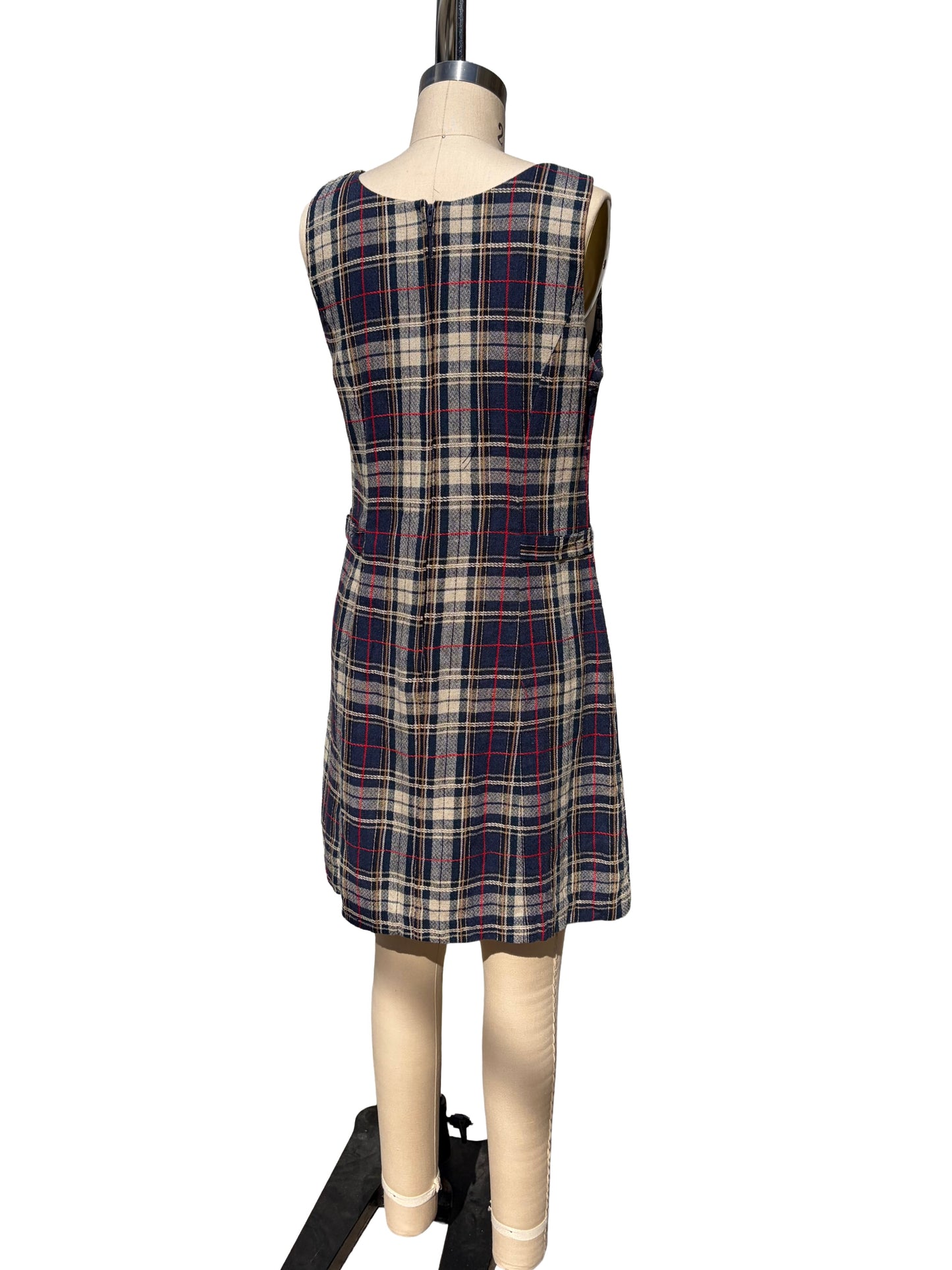 1990s Navy Tan Check Textured Scooter Dress