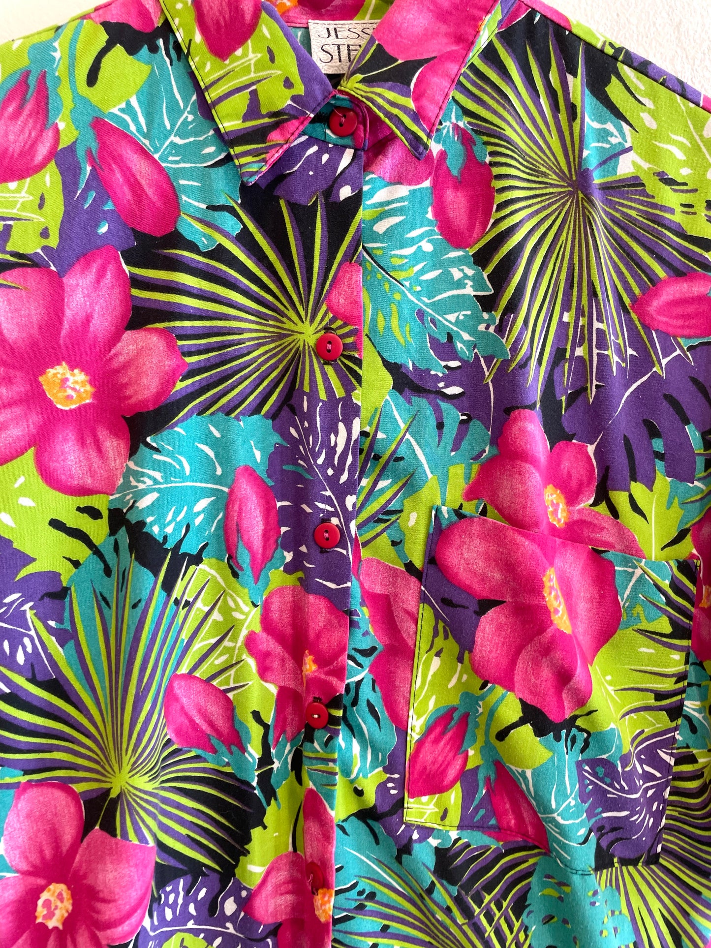 1980s Magenta Jungle Print Cotton Structured Blouse