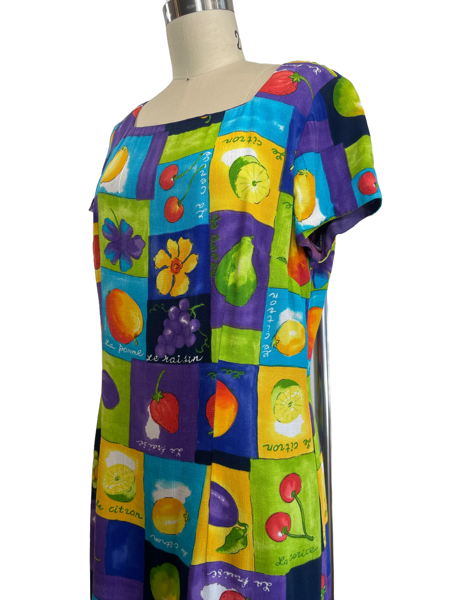 1990s Multicolor French Fruit Rayon Mini Dress