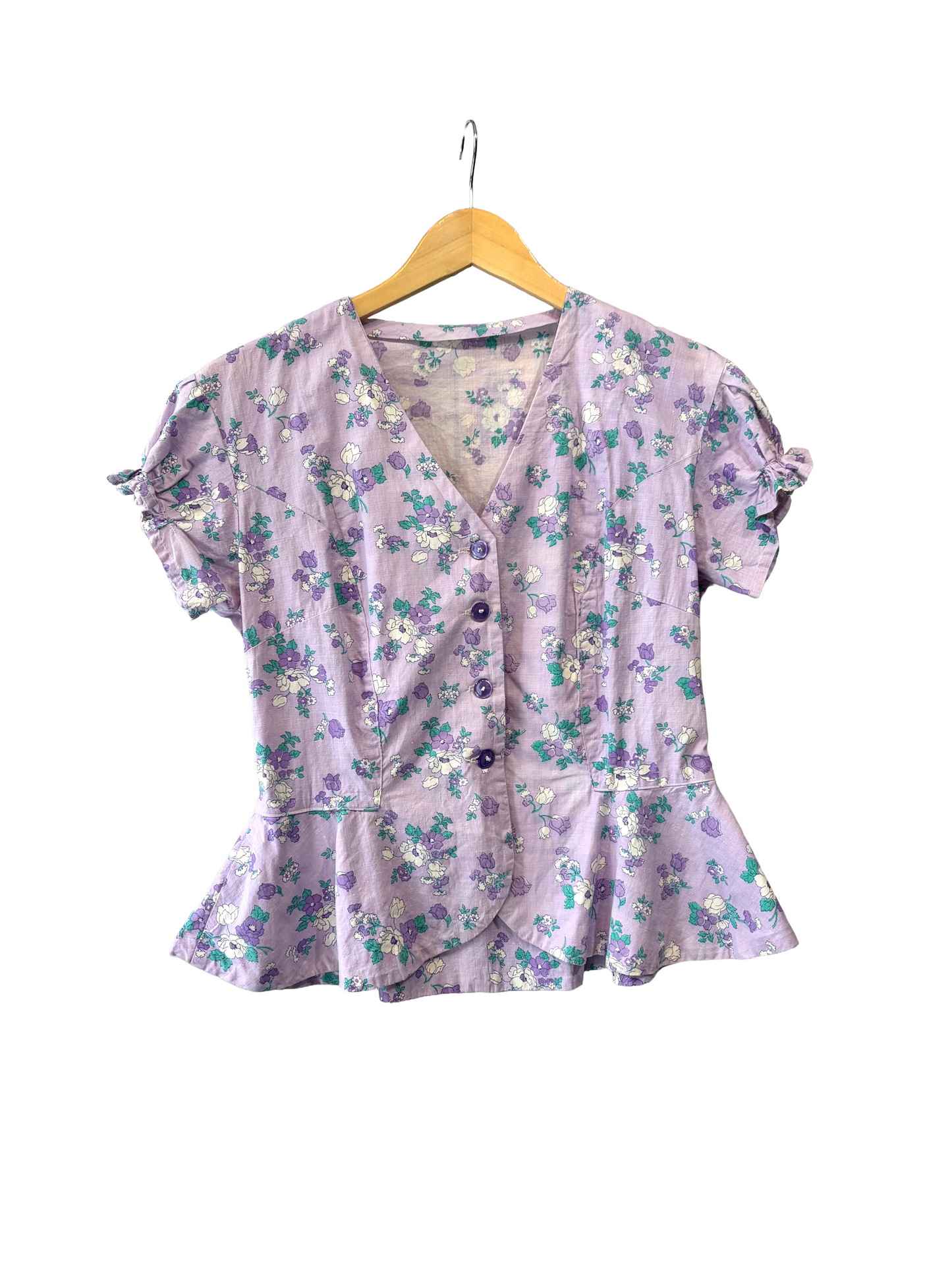 1970s-does-1940s Handmade Lilac Cotton Peplum Blouse