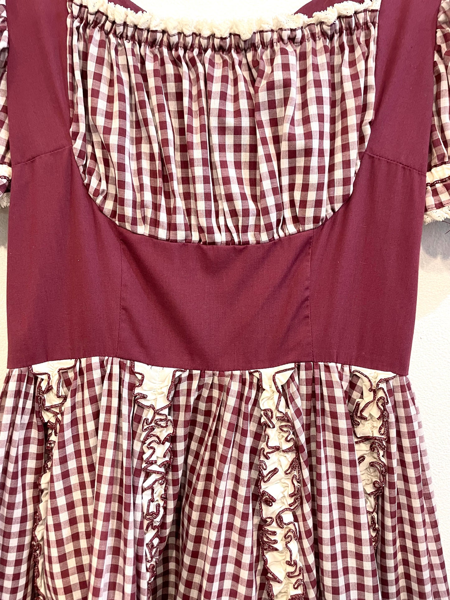 1970s Maroon Check Milkmaid Square Dance Mini Dress